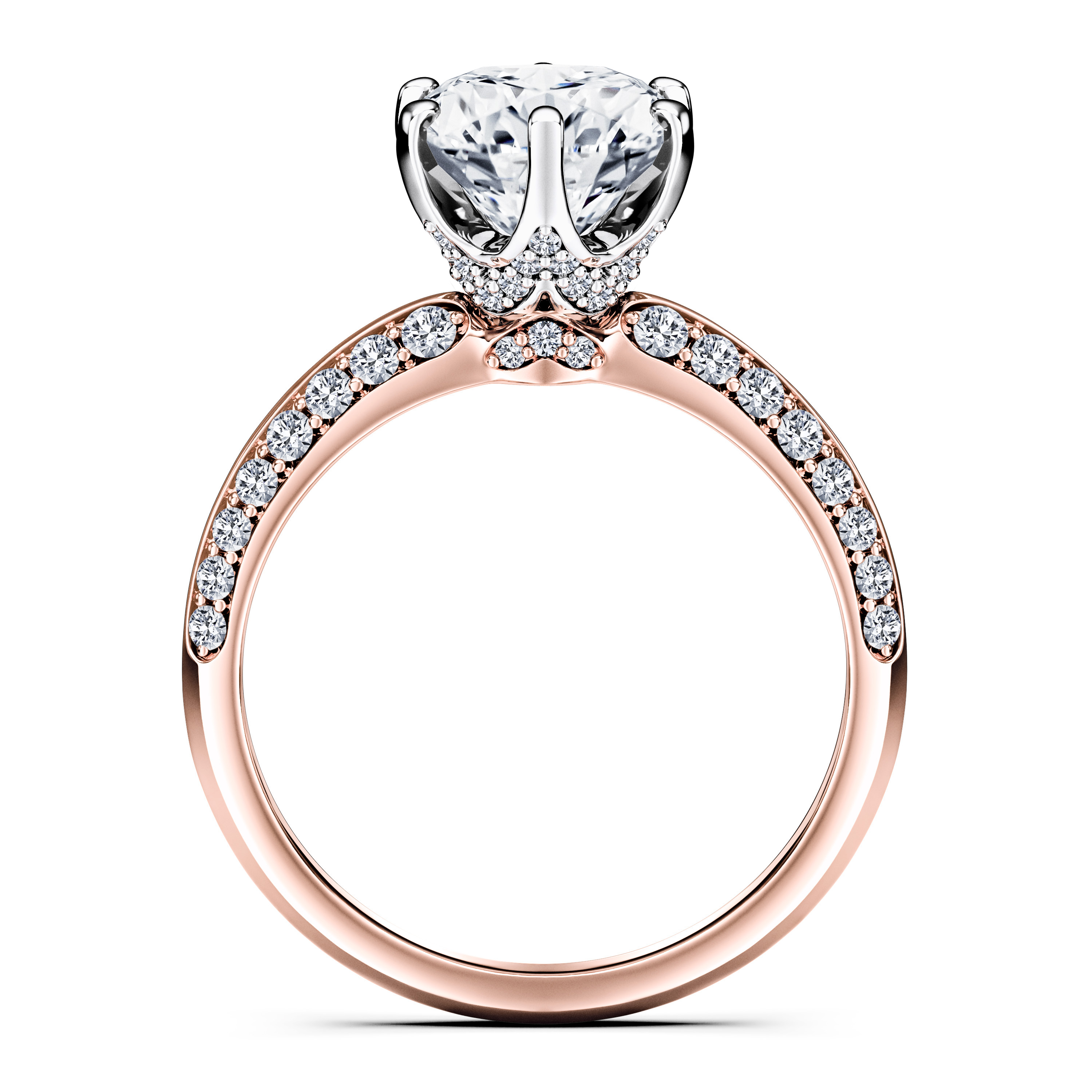 The Moon Ocean Side Stones Diamond Engagement Ring in 18ct Rose Gold with Cushion Centre Stone Alternate shot 3