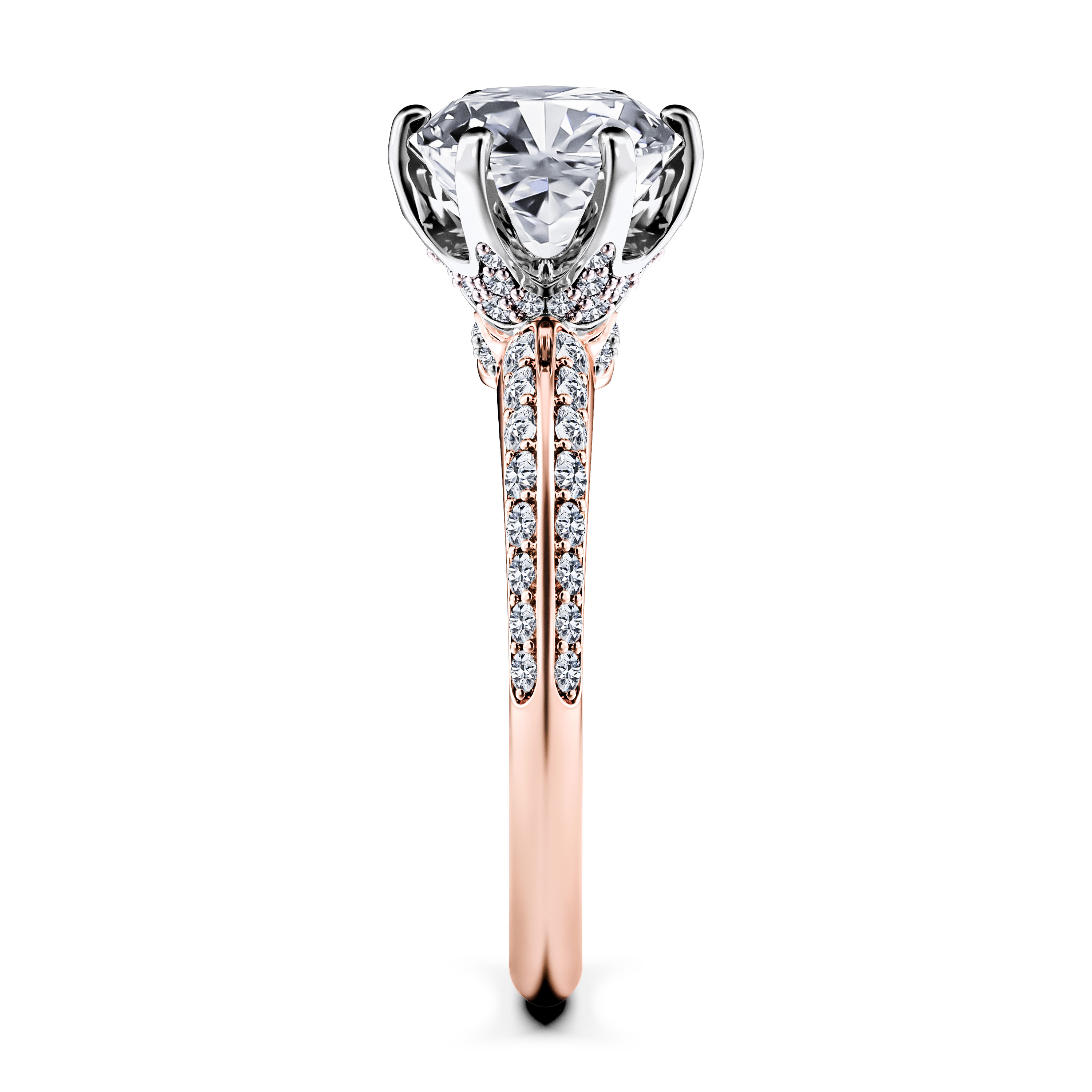 The Moon Ocean Side Stones Diamond Engagement Ring in 18ct Rose Gold with Cushion Centre Stone Alternate shot 4