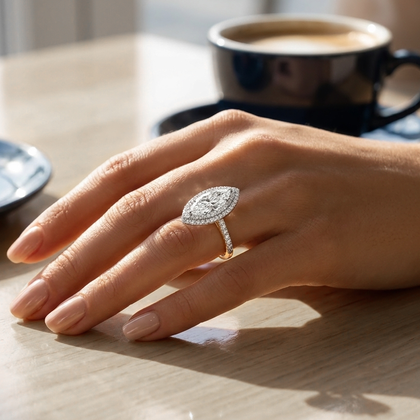 Celestial Halo Diamond Engagement Ring in 18ct Yellow Gold with Marquise Centre Stone Alternate shot 5