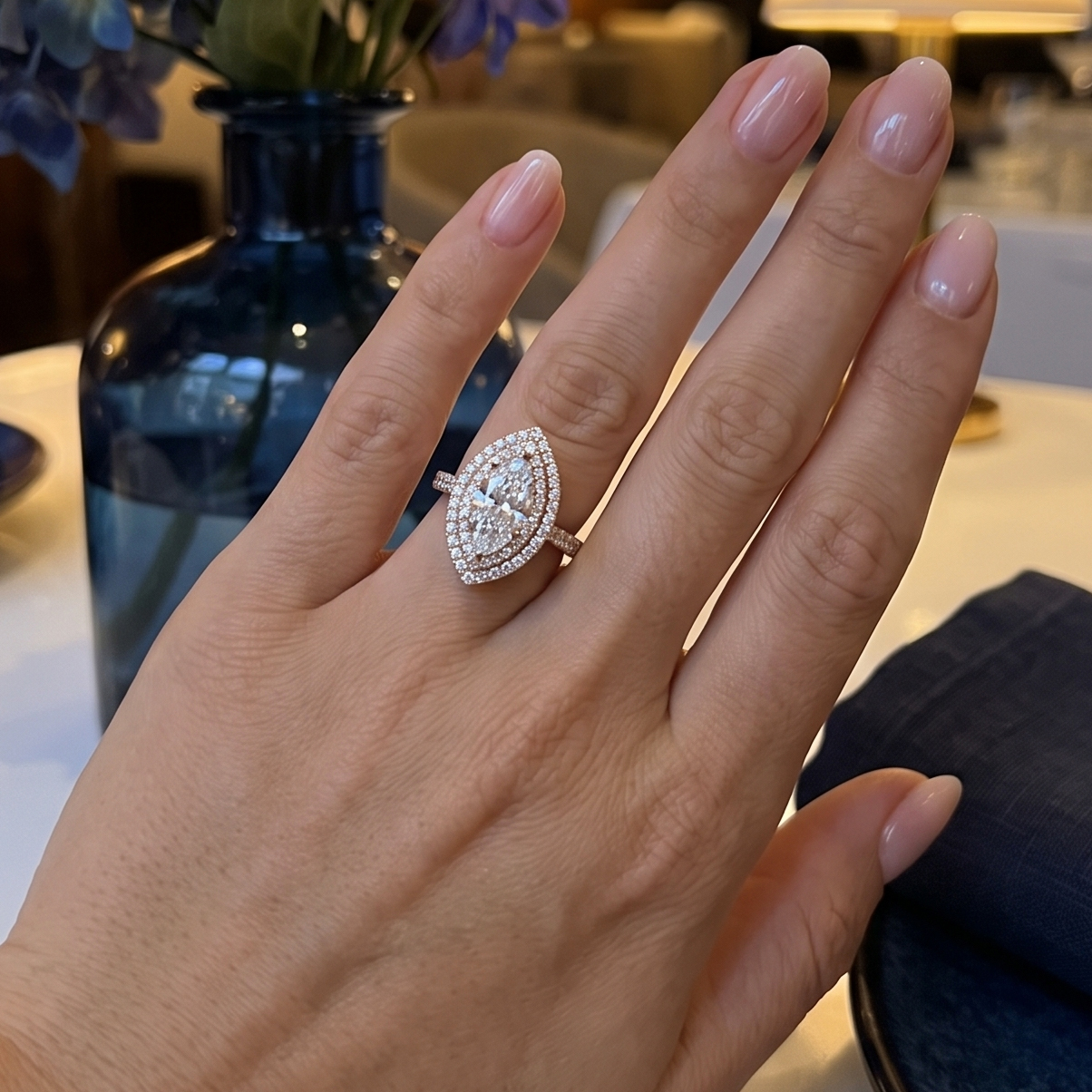 Celestial Halo Diamond Engagement Ring in 18ct Rose Gold with Marquise Centre Stone Alternate shot 5
