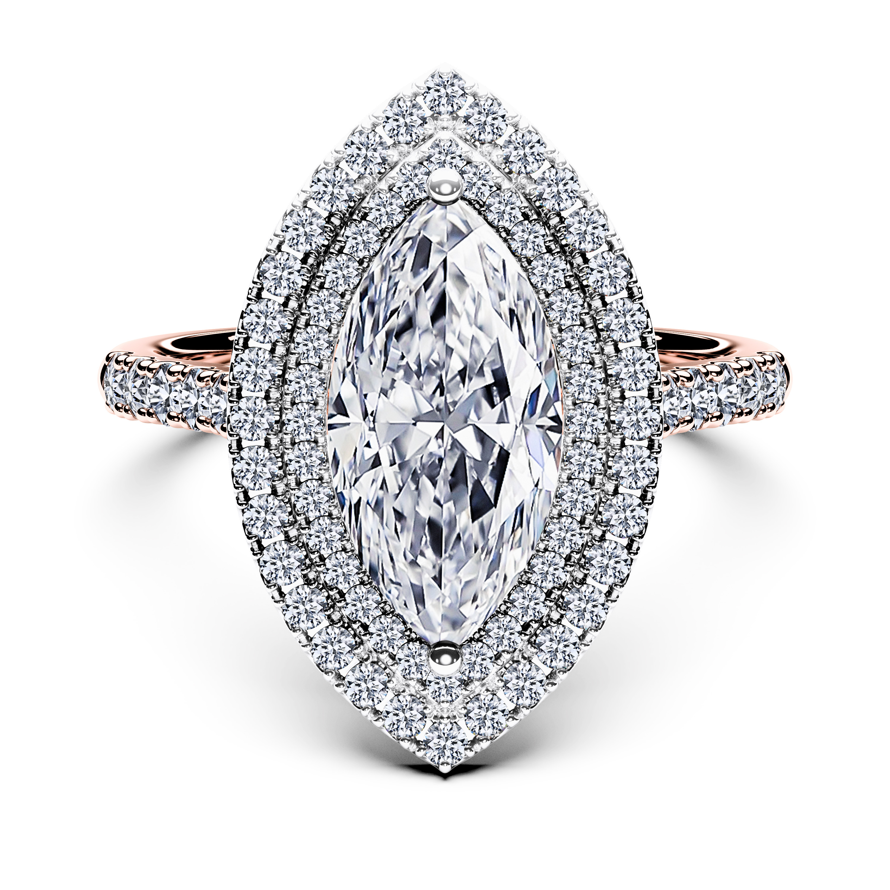 Celestial Halo Diamond Engagement Ring in 18ct Rose Gold with Marquise Centre Stone Alternate shot 2