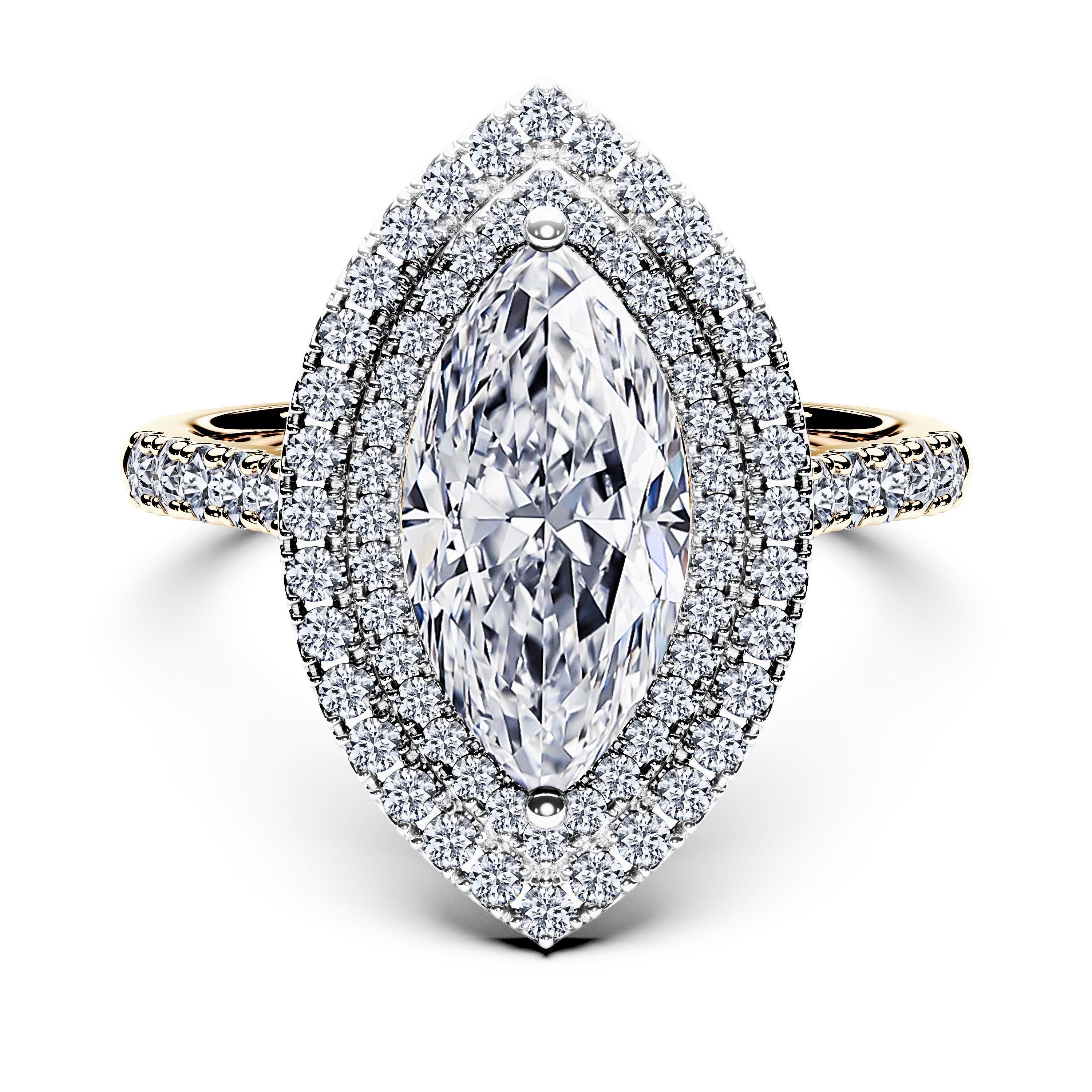 Halo, 18ct Yellow Gold Diamond Engagement Ring Celestial Double Halo Ring Marquise