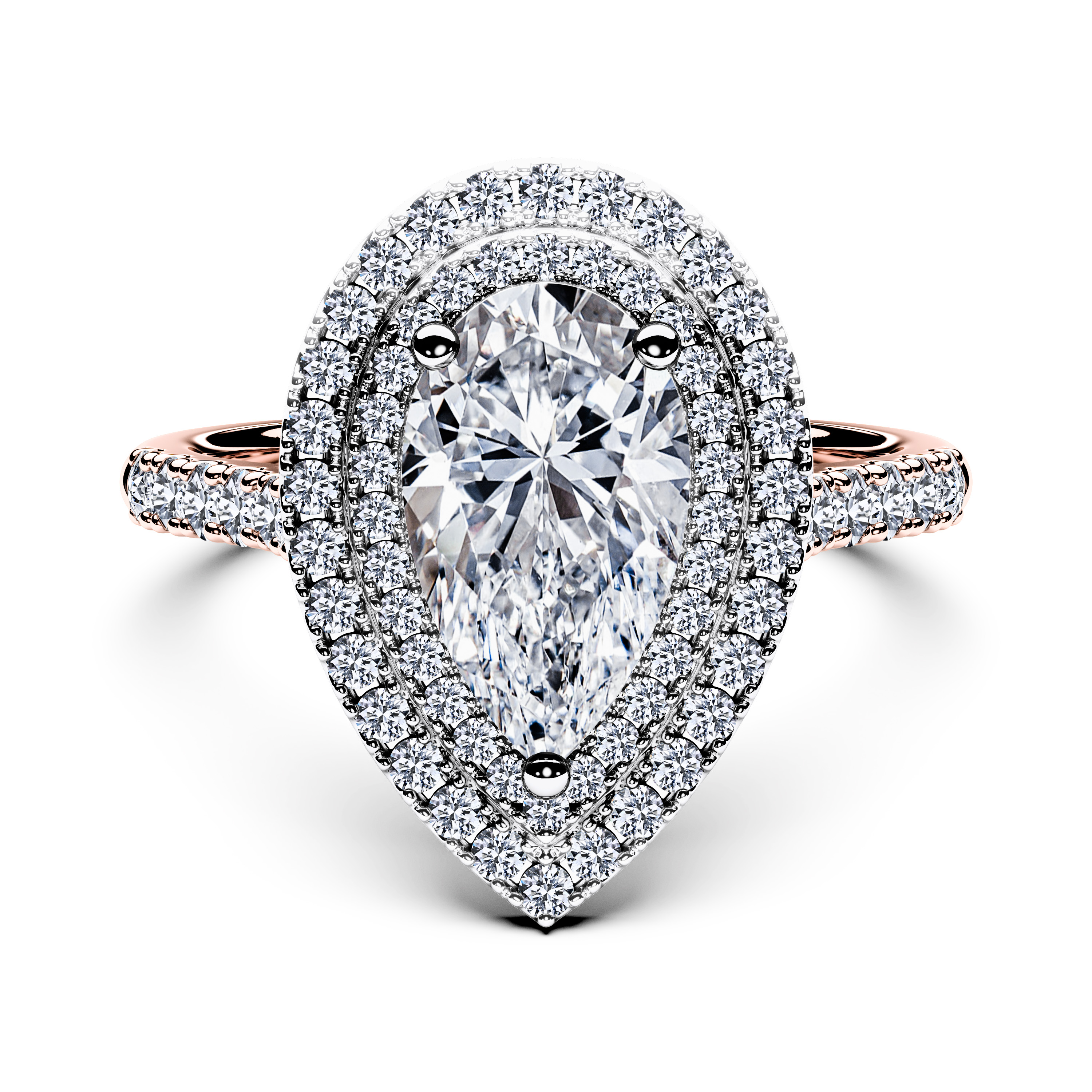 Halo, 18ct Rose Gold Diamond Engagement Ring Celestial Double Halo Ring Pear