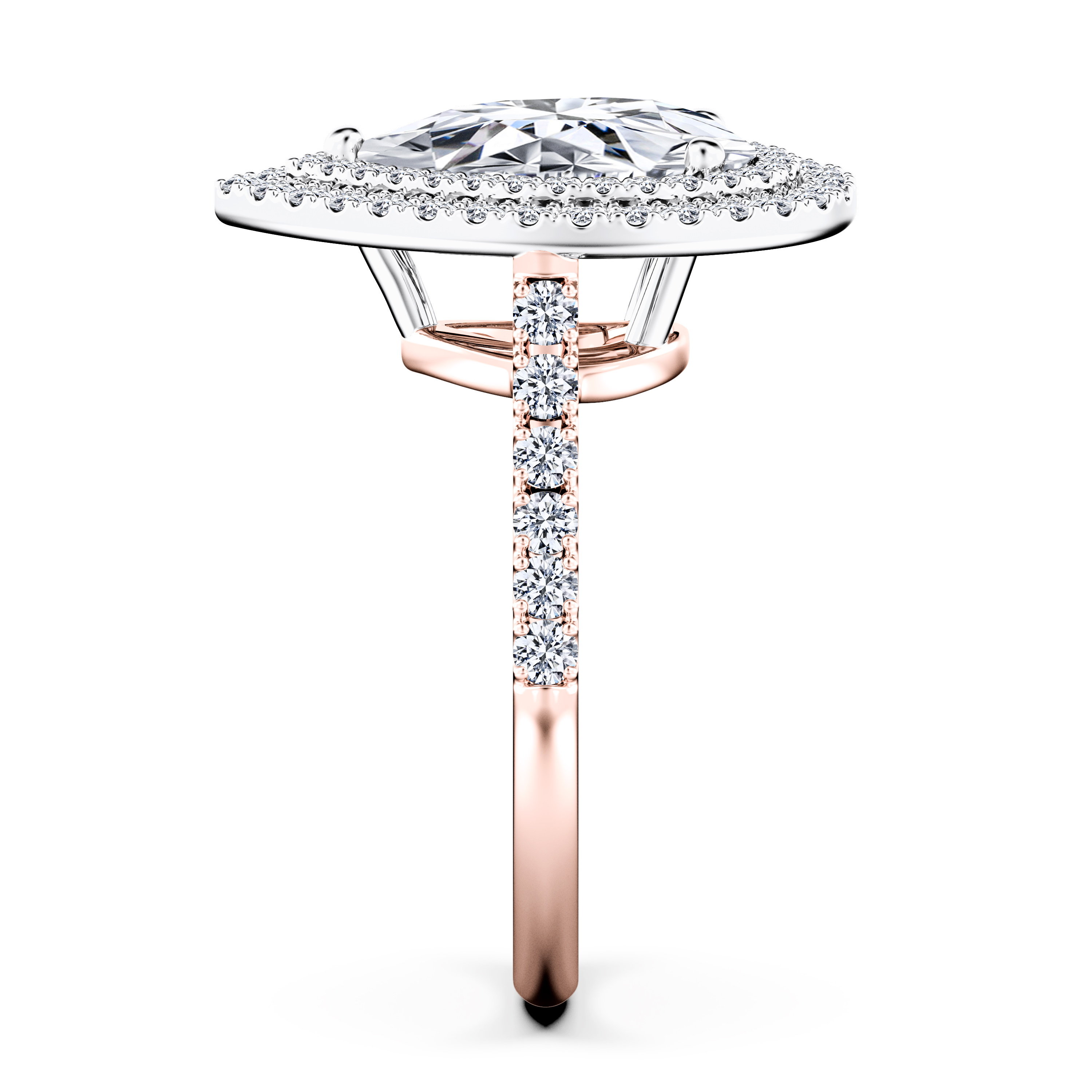 Celestial Halo Diamond Engagement Ring in 18ct Rose Gold with Pear Centre Stone Alternate shot 3