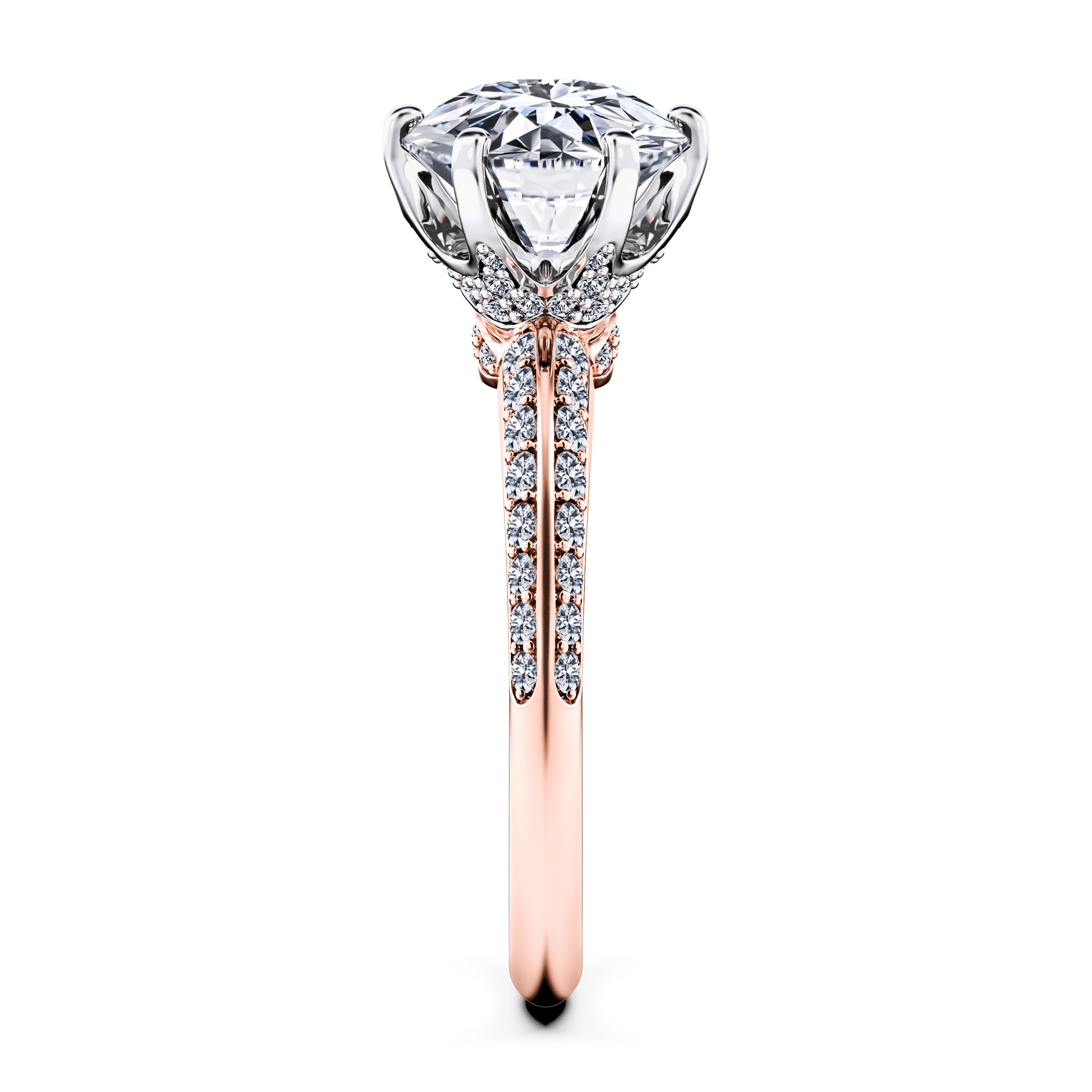 The Moon Ocean Side Stones Diamond Engagement Ring in 18ct Rose Gold with Round Centre Stone Alternate shot 3