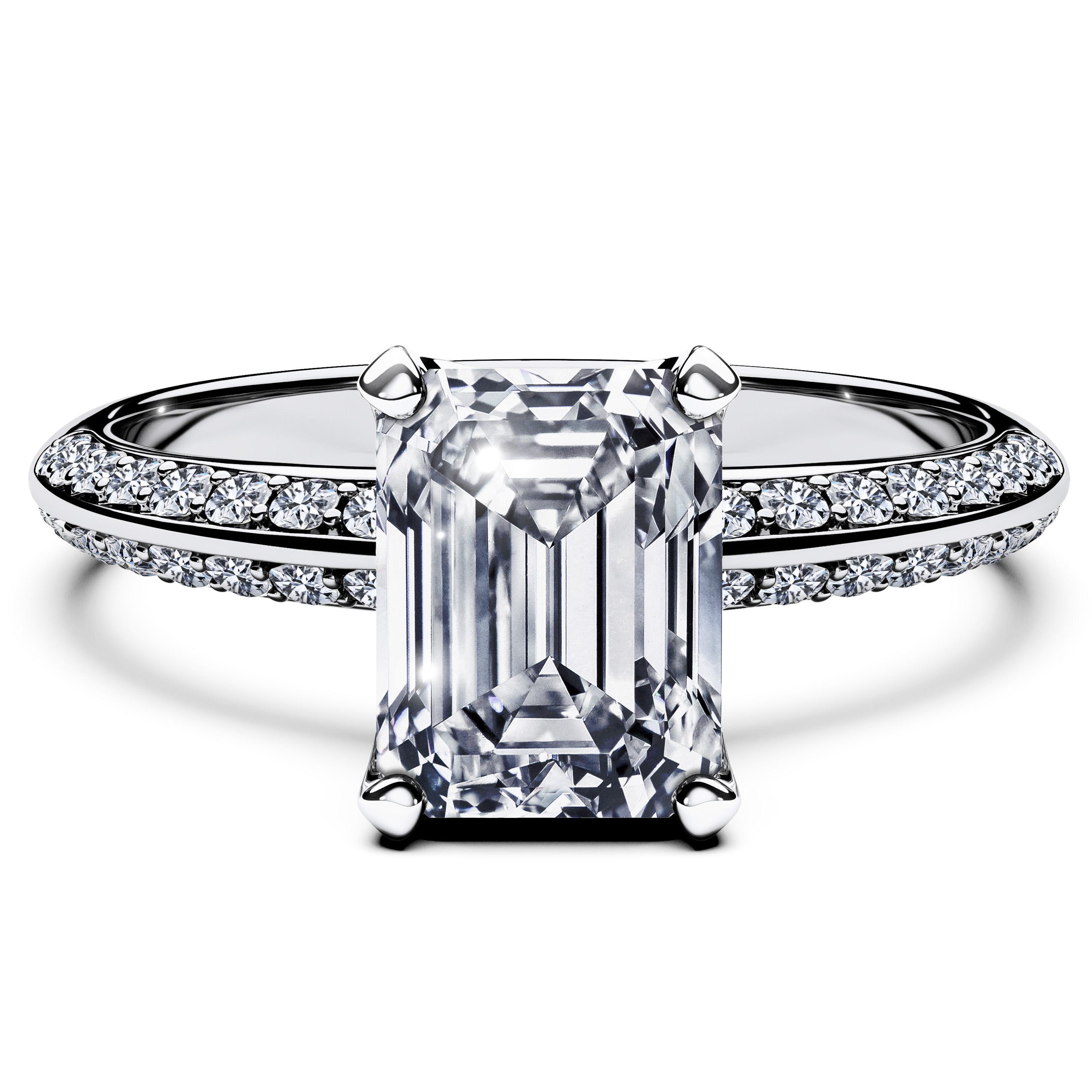 The Moon Ocean Side Stones Diamond Engagement Ring in Platinum with Emerald Centre Stone Alternate shot 2