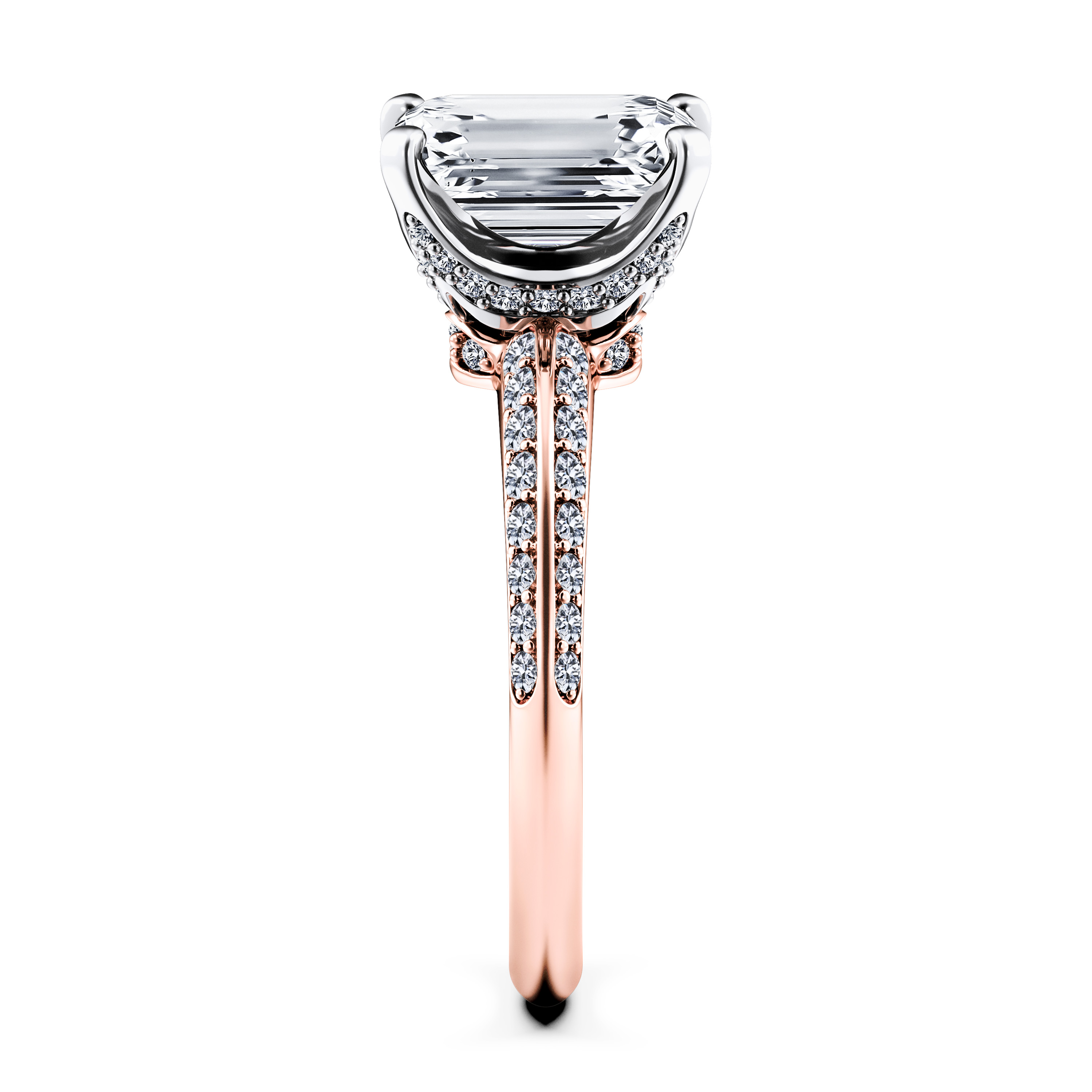 The Moon Ocean Side Stones Diamond Engagement Ring in 18ct Rose Gold with Emerald Centre Stone Alternate shot 3
