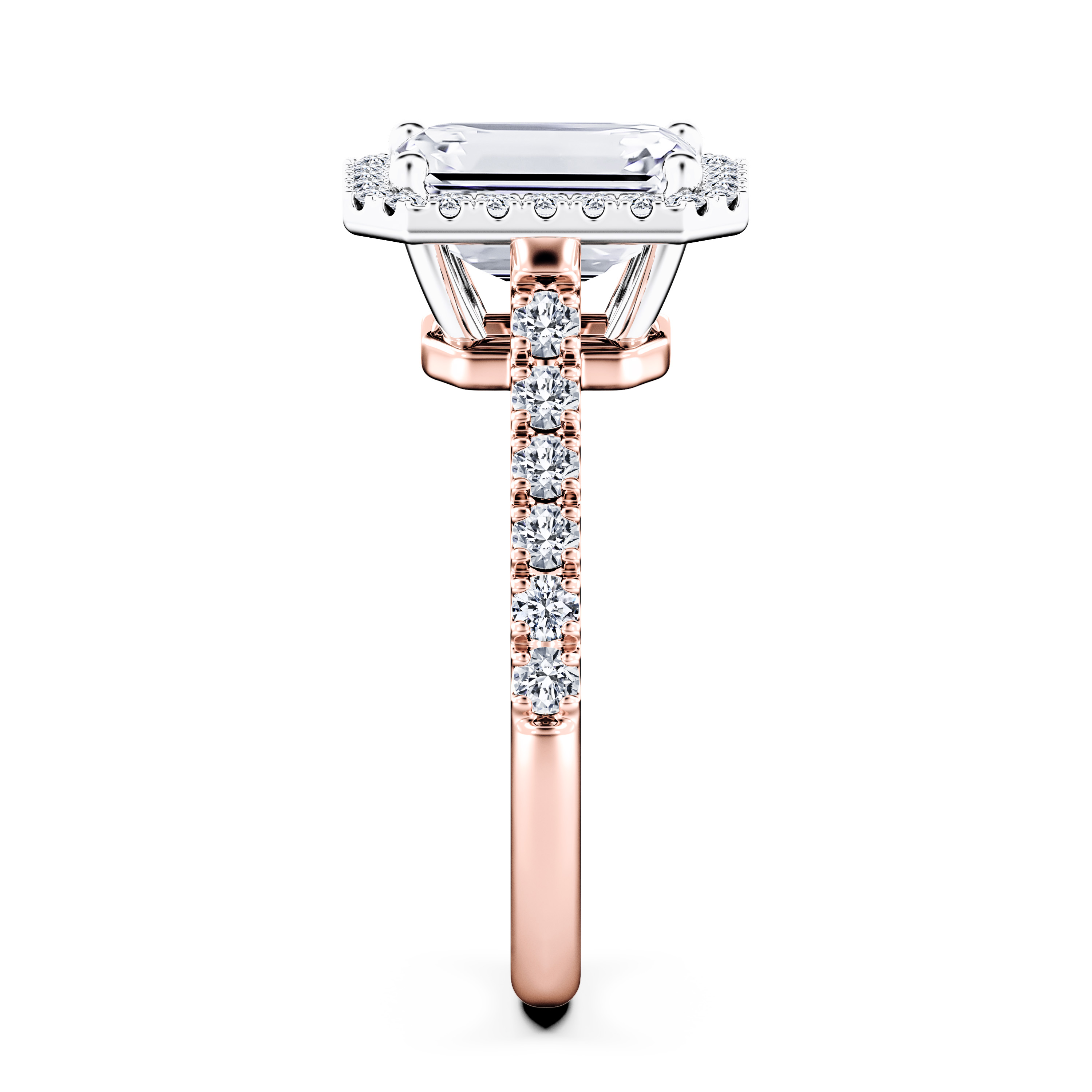 Celestial Halo Diamond Engagement Ring in 18ct Rose Gold with Emerald Centre Stone Alternate shot 3