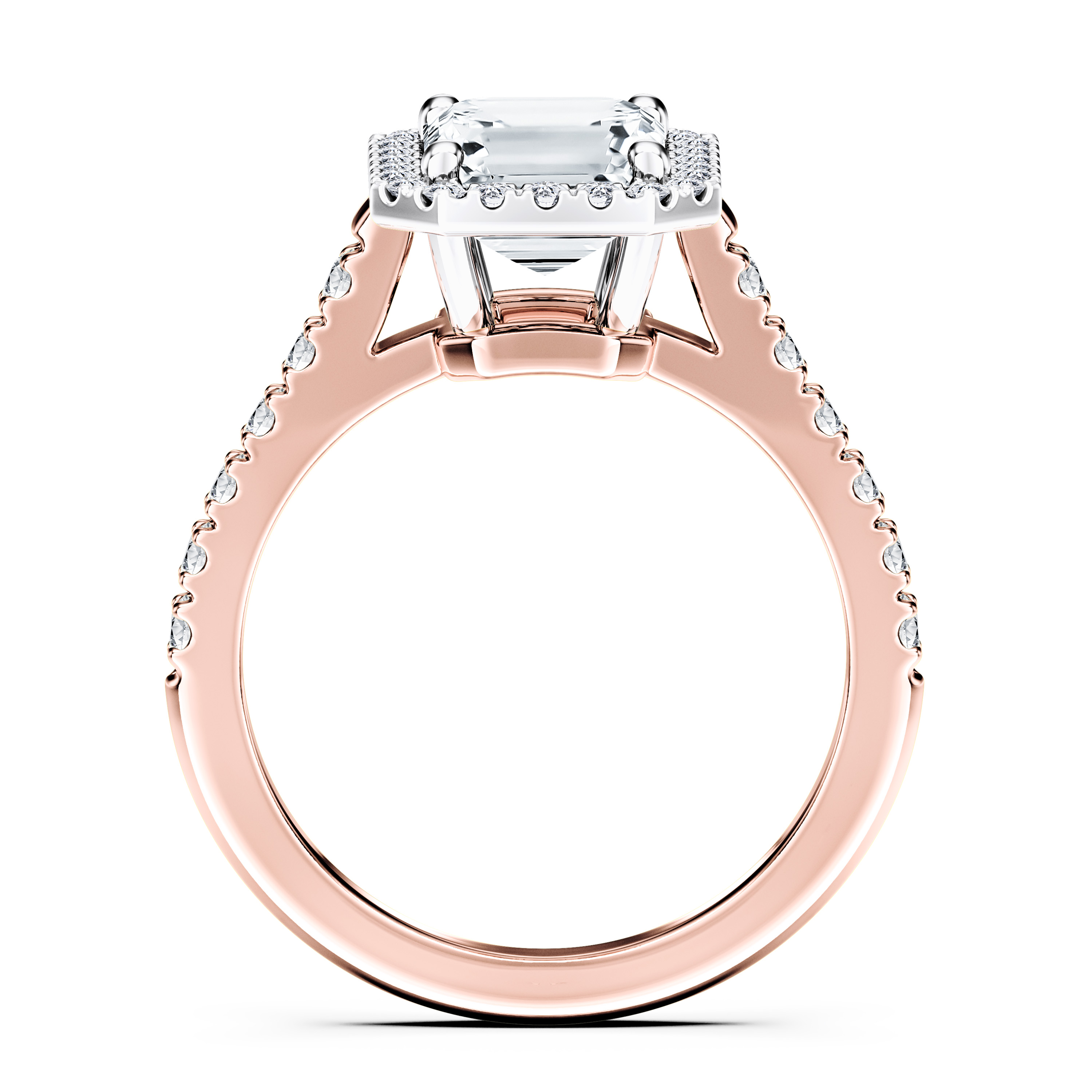 Celestial Halo Diamond Engagement Ring in 18ct Rose Gold with Emerald Centre Stone Alternate shot 4