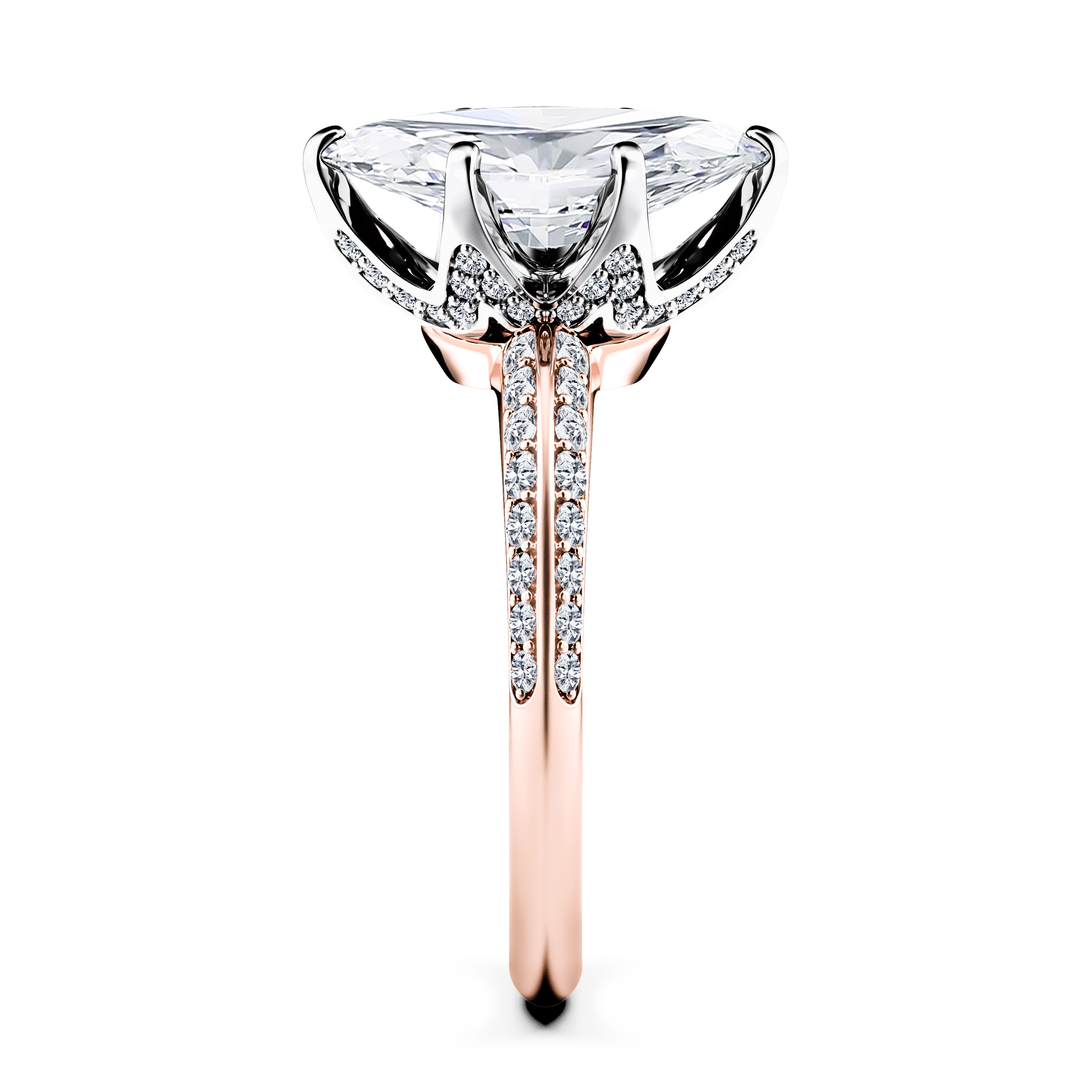 The Moon Ocean Side Stones Diamond Engagement Ring in 18ct Rose Gold with Marquise Centre Stone Alternate shot 3