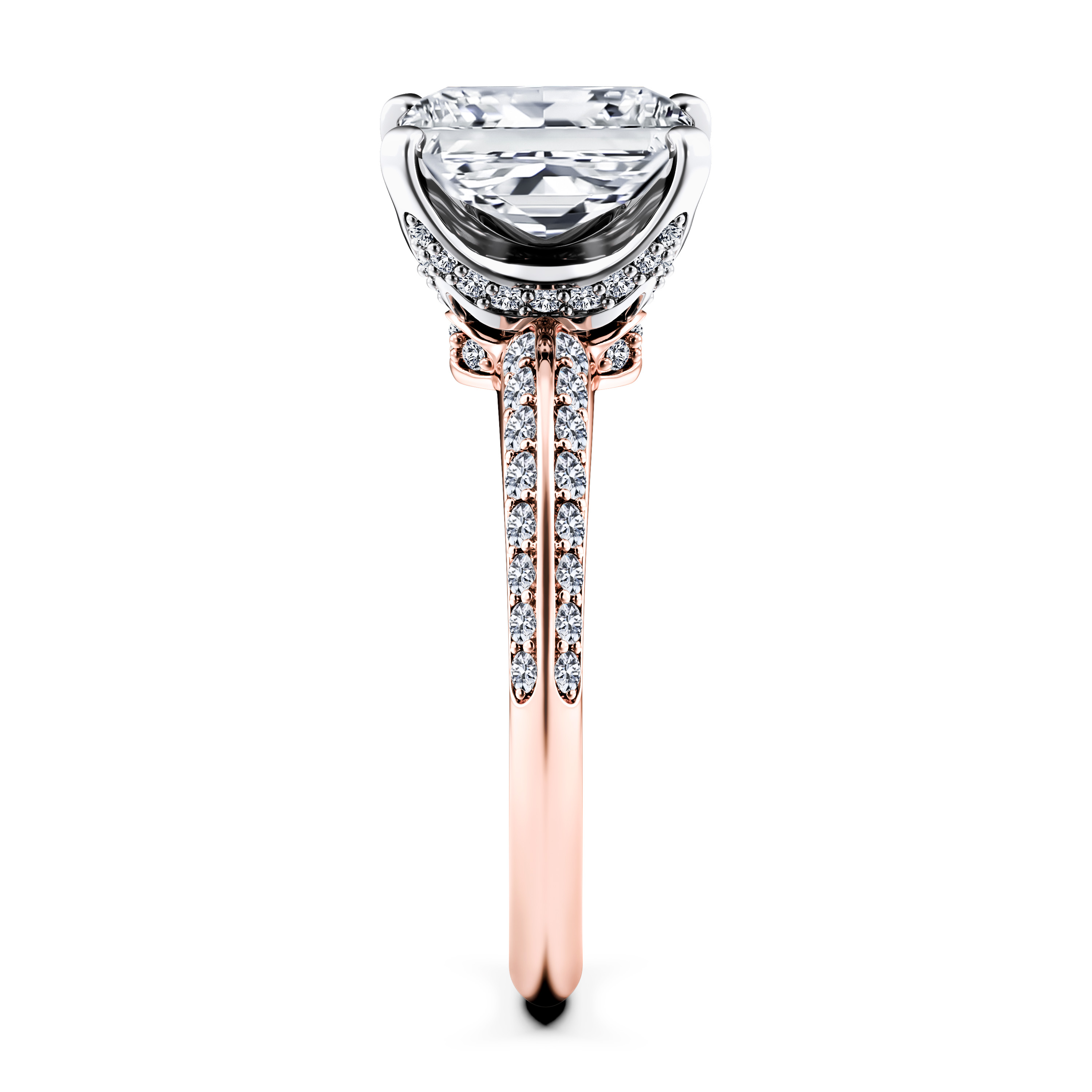 The Moon Ocean Side Stones Diamond Engagement Ring in 18ct Rose Gold with Radiant Centre Stone Alternate shot 3