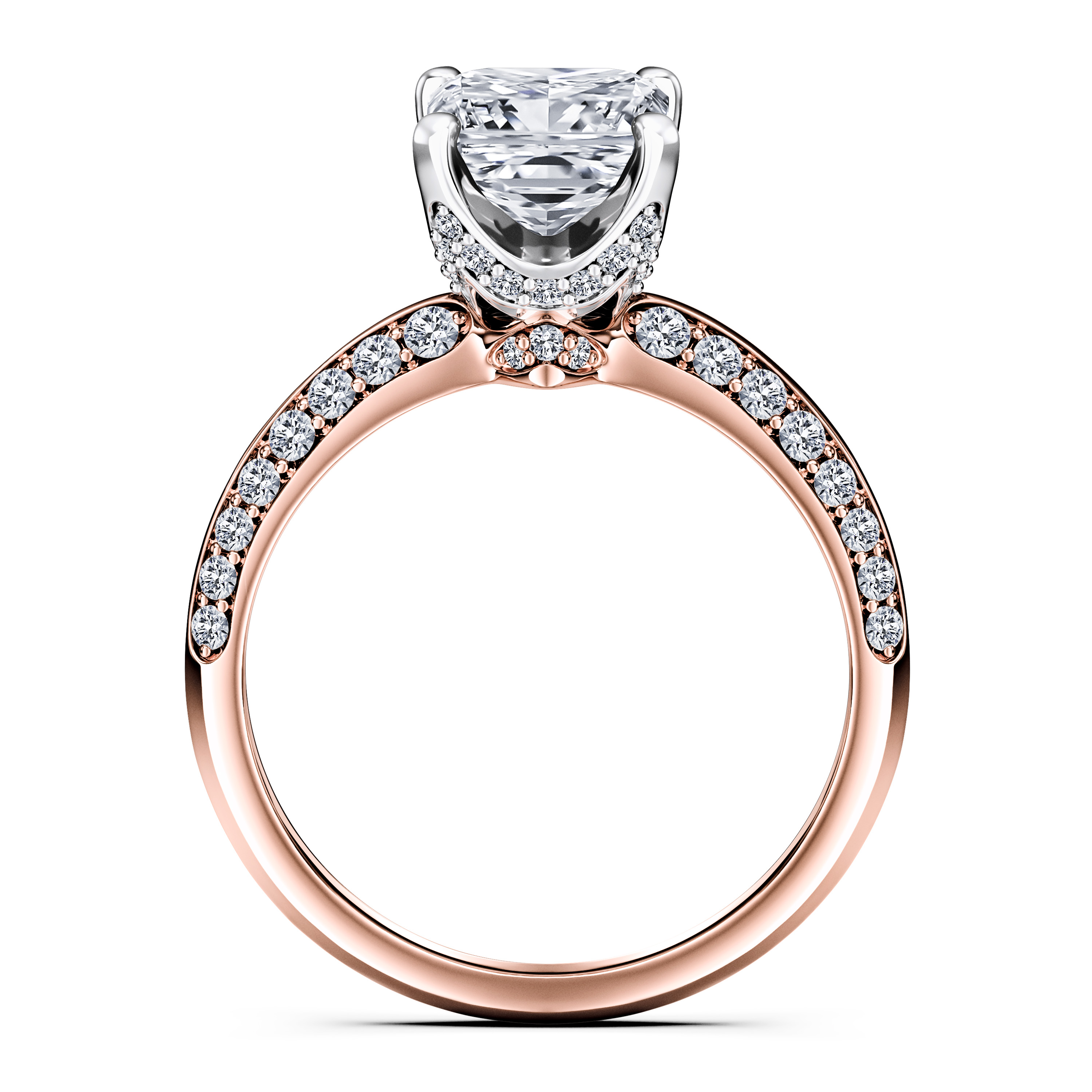The Moon Ocean Side Stones Diamond Engagement Ring in 18ct Rose Gold with Radiant Centre Stone Alternate shot 4