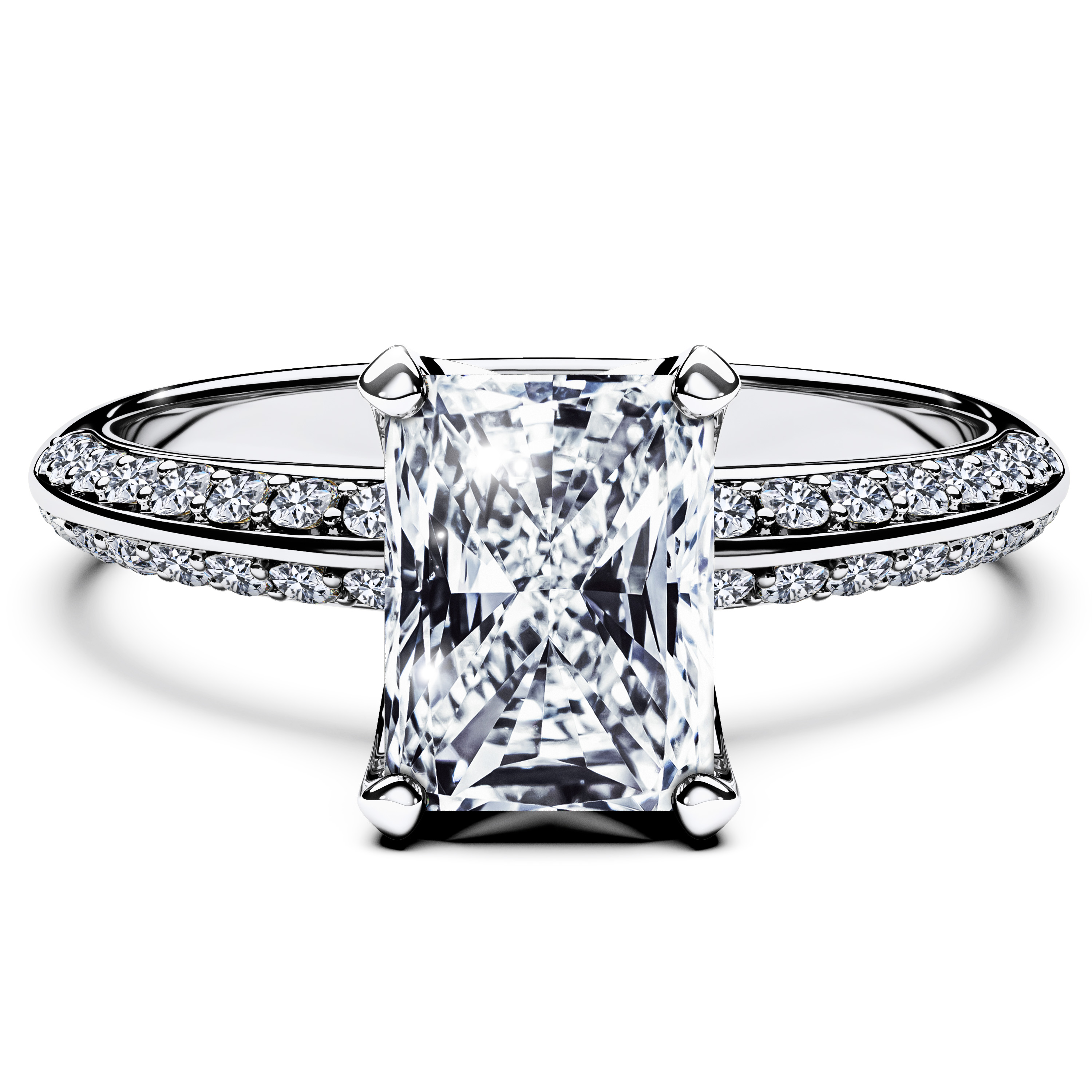 The Moon Ocean Side Stones Diamond Engagement Ring in Platinum with Radiant Centre Stone Alternate shot 2