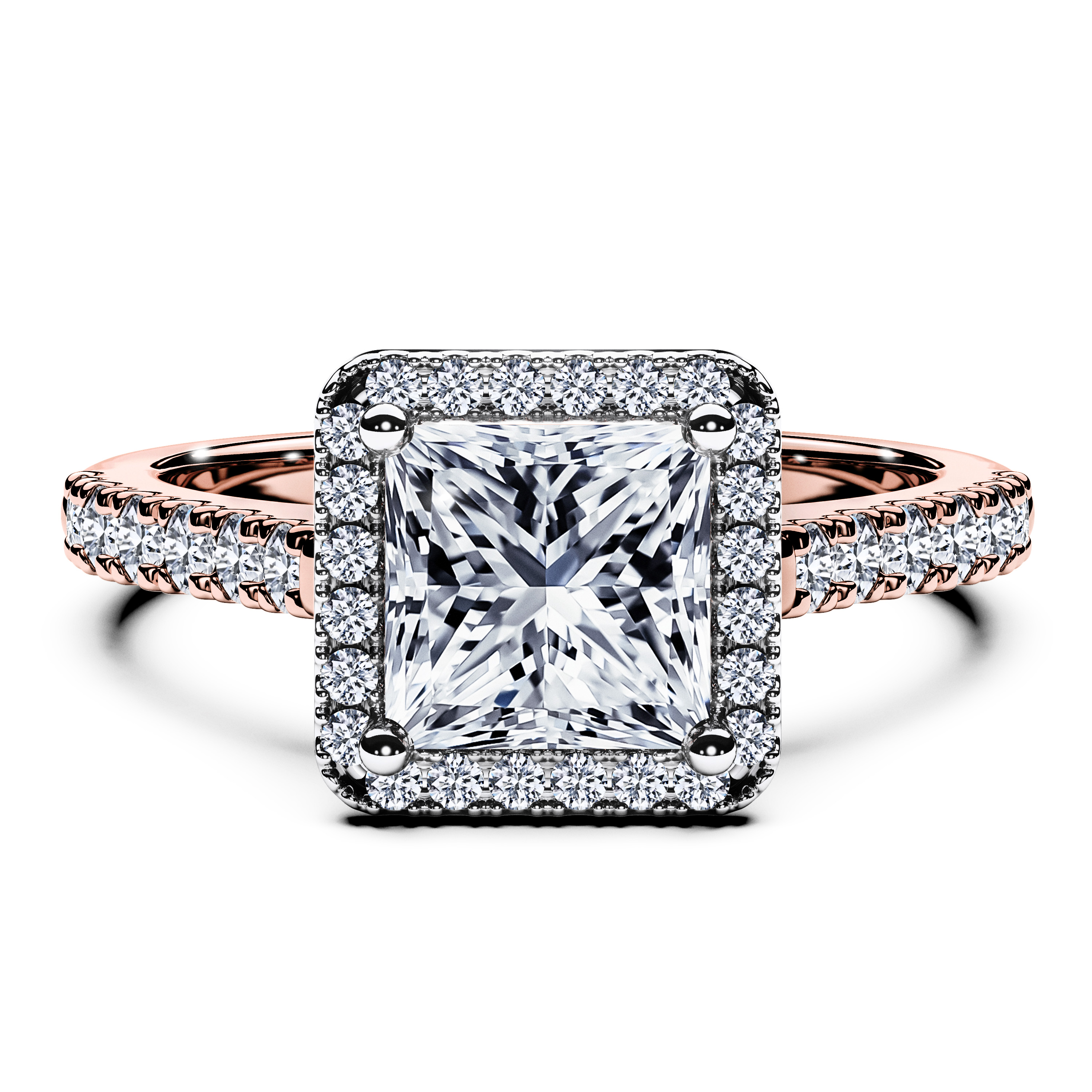 Halo, 18ct Rose Gold Diamond Engagement Ring Celestial Halo Ring Princess