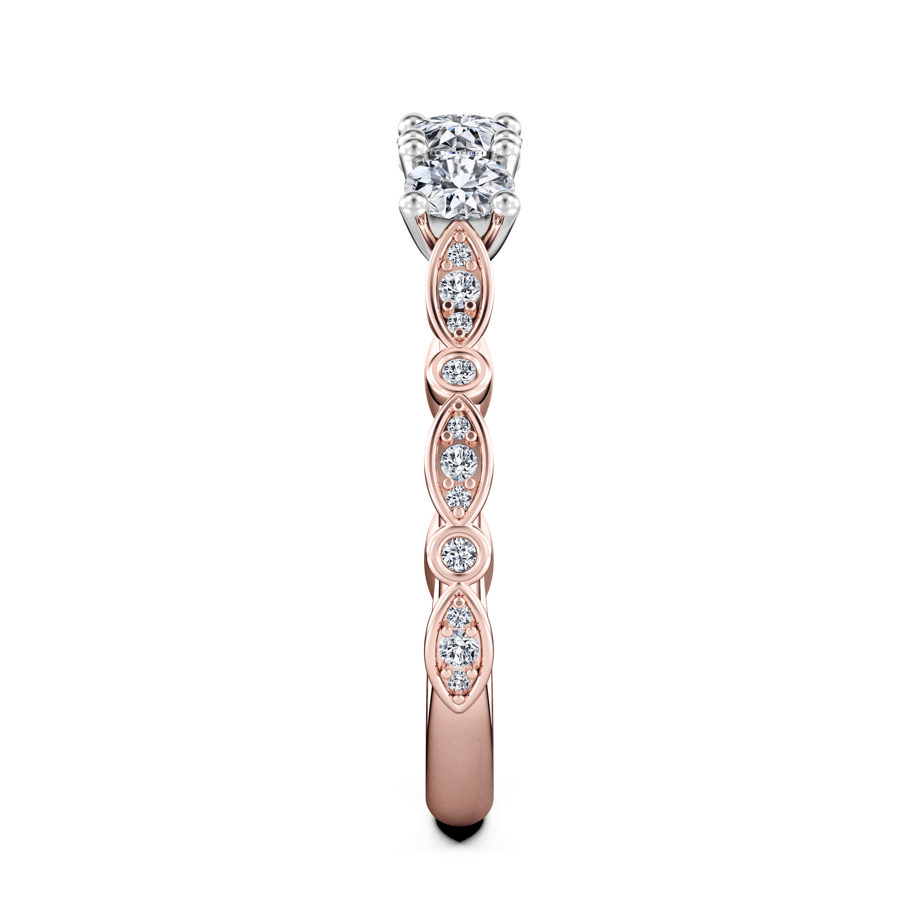 Pixie Three Stones Diamond Engagement Ring in 18ct Rose Gold with Round Centre Stone Alternate shot 3