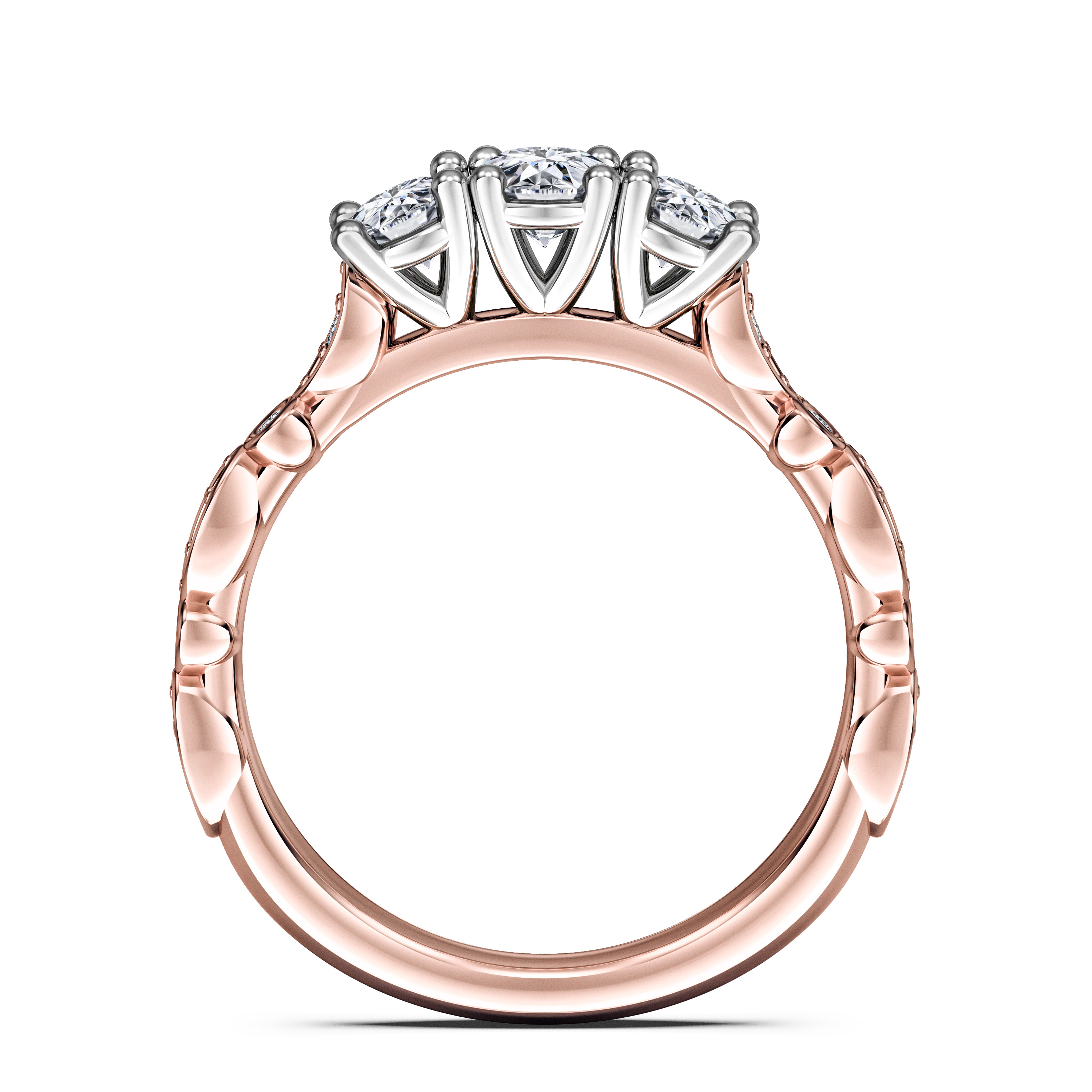 Pixie Three Stones Diamond Engagement Ring in 18ct Rose Gold with Round Centre Stone Alternate shot 4