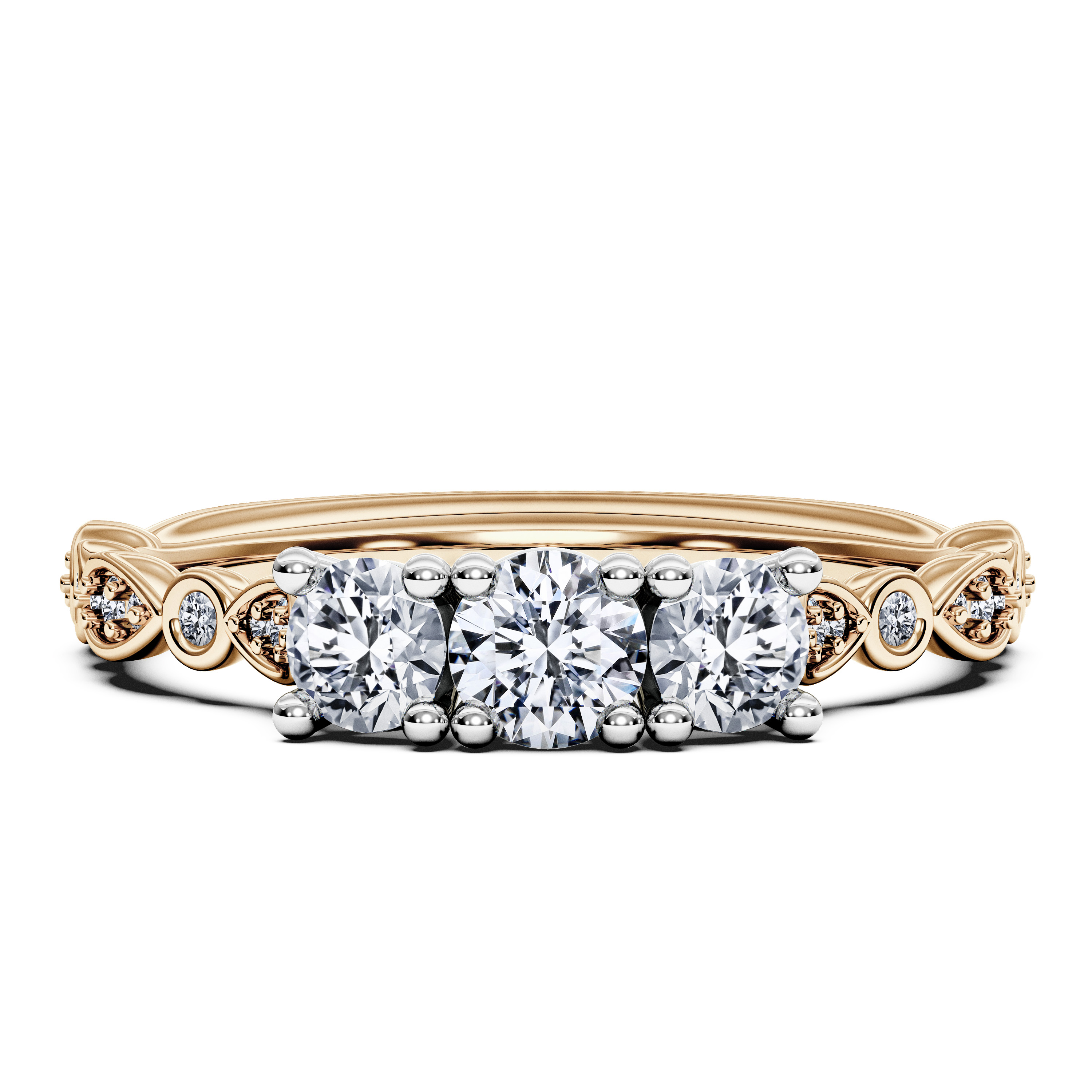 Pixie Three Stones Diamond Engagement Ring in 18ct Yellow Gold with Round Centre Stone Alternate shot 2