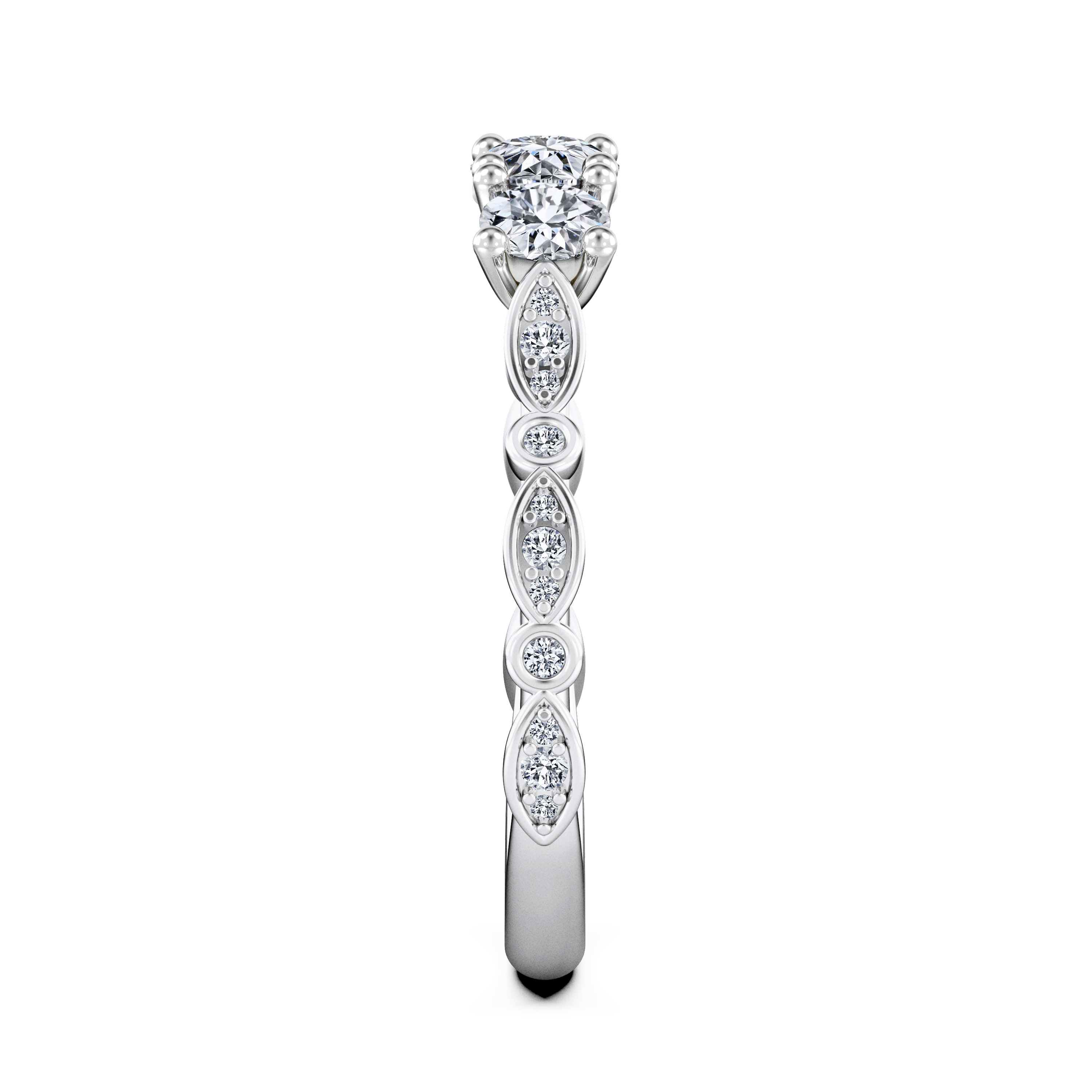 Pixie Three Stones Diamond Engagement Ring in Platinum with Round Centre Stone Alternate shot 3