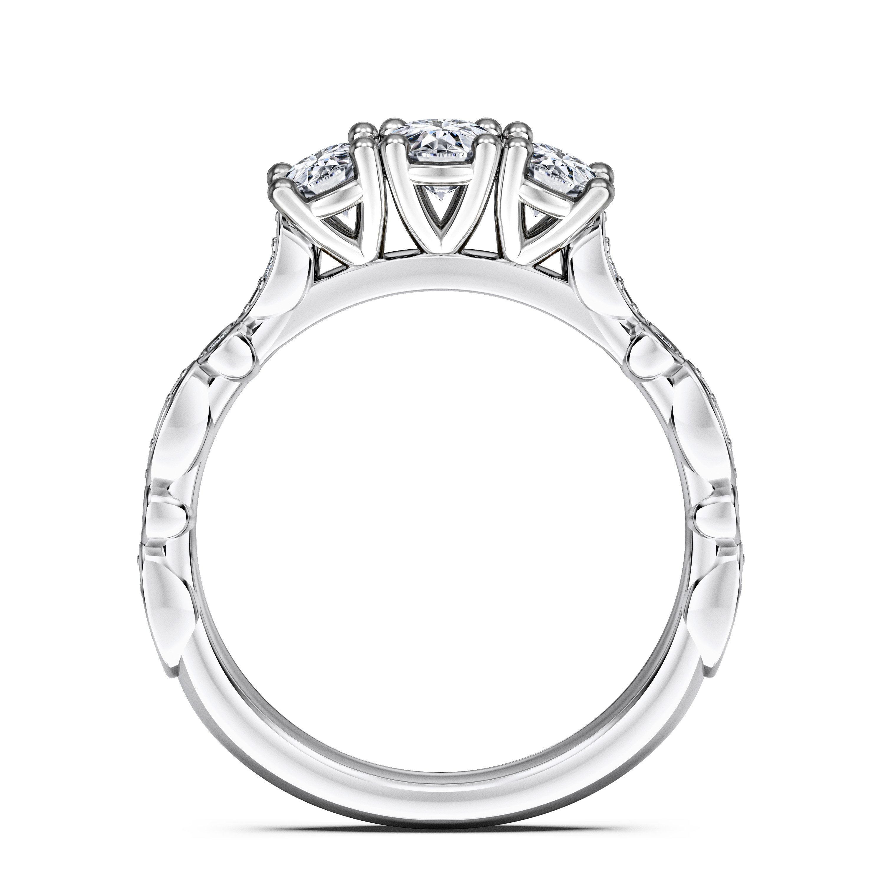 Pixie Three Stones Diamond Engagement Ring in Platinum with Round Centre Stone Alternate shot 4