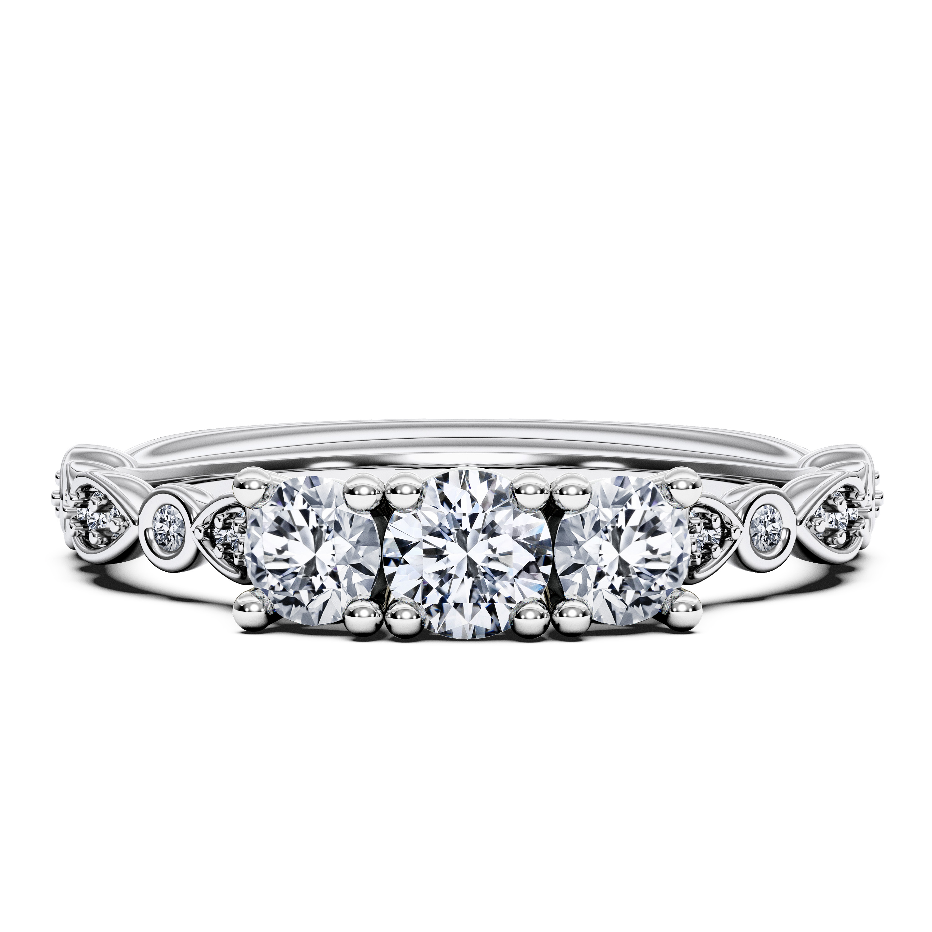 Three Stones, 18ct White Gold Diamond Engagement Ring Pixie Three Stones Ring Round