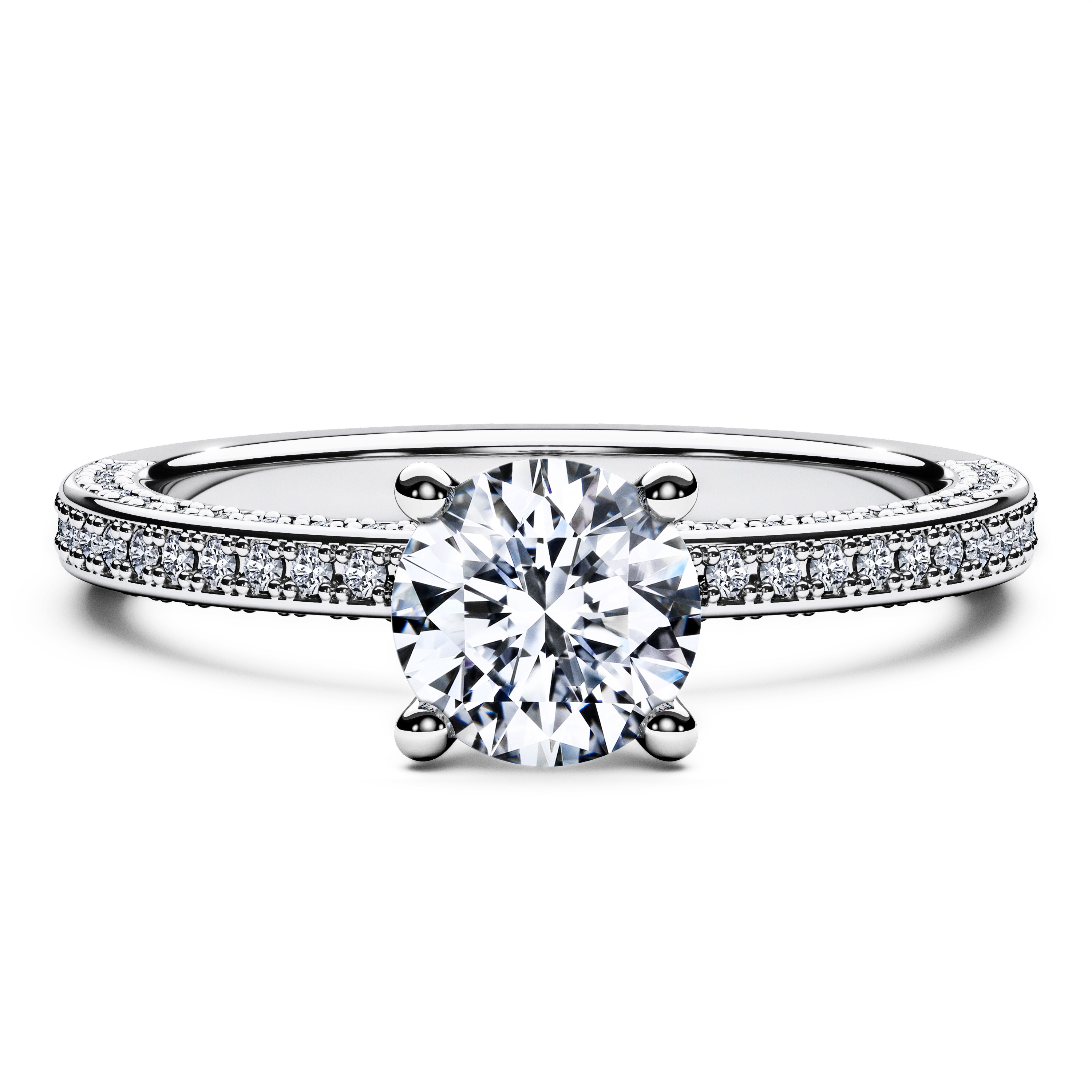 Side Stones, 18ct White Gold Diamond Engagement Ring Euphoria Bead Set Ring Round