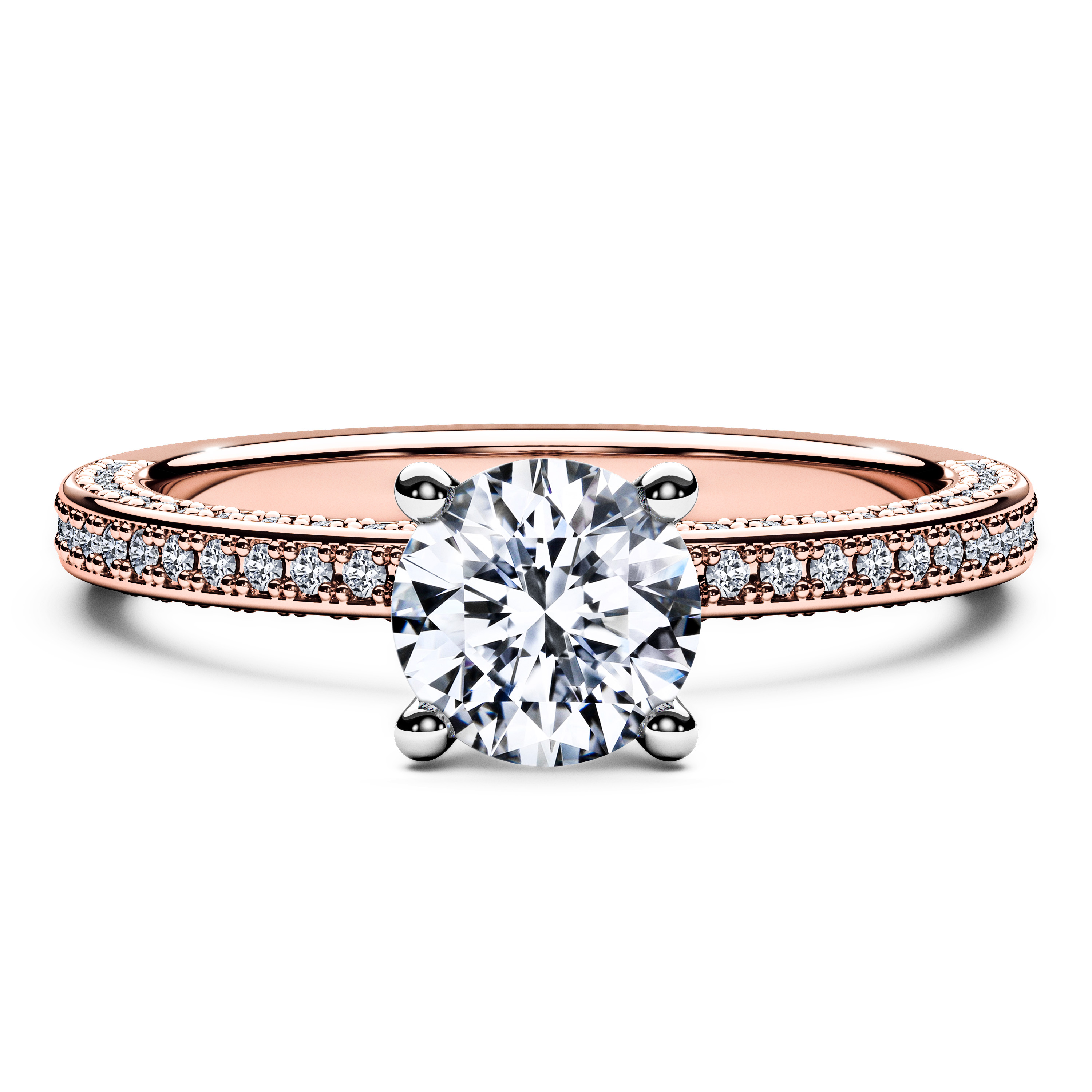 Side Stones, 18ct Rose Gold Diamond Engagement Ring Euphoria Bead Set Ring Round