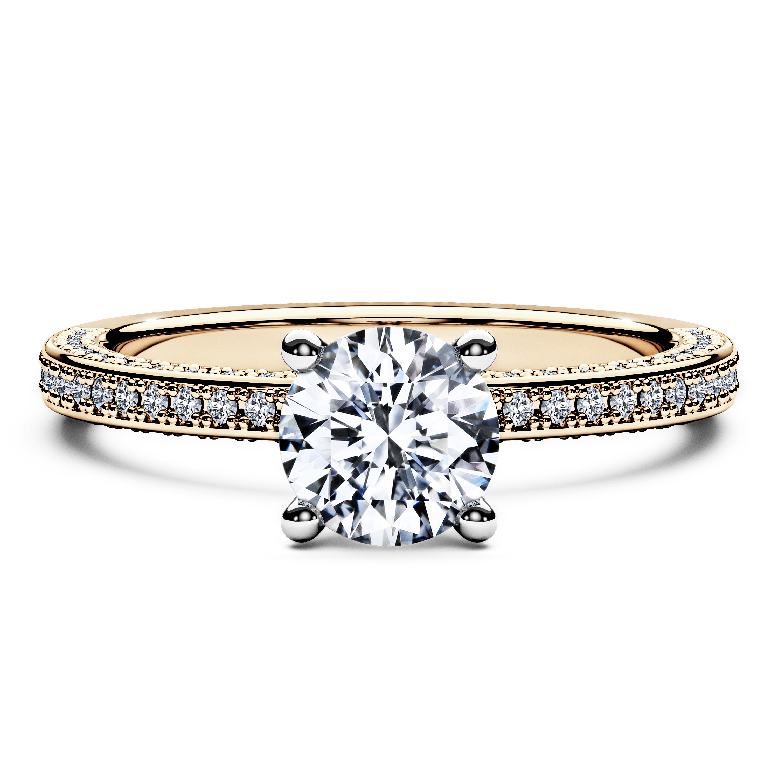 Side Stones, 18ct Yellow Gold Diamond Engagement Ring Euphoria Bead Set Ring Round