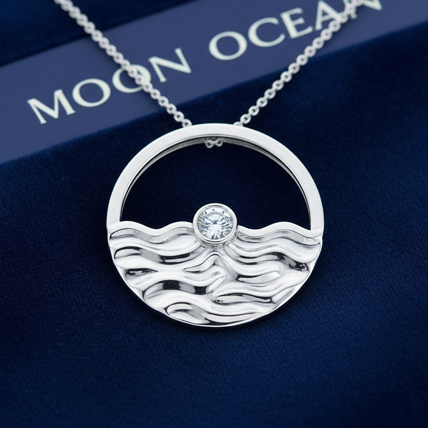 The Moon Ocean Bezel Pendant in 18ct White Gold with Round Centre Stone Alternate shot 5