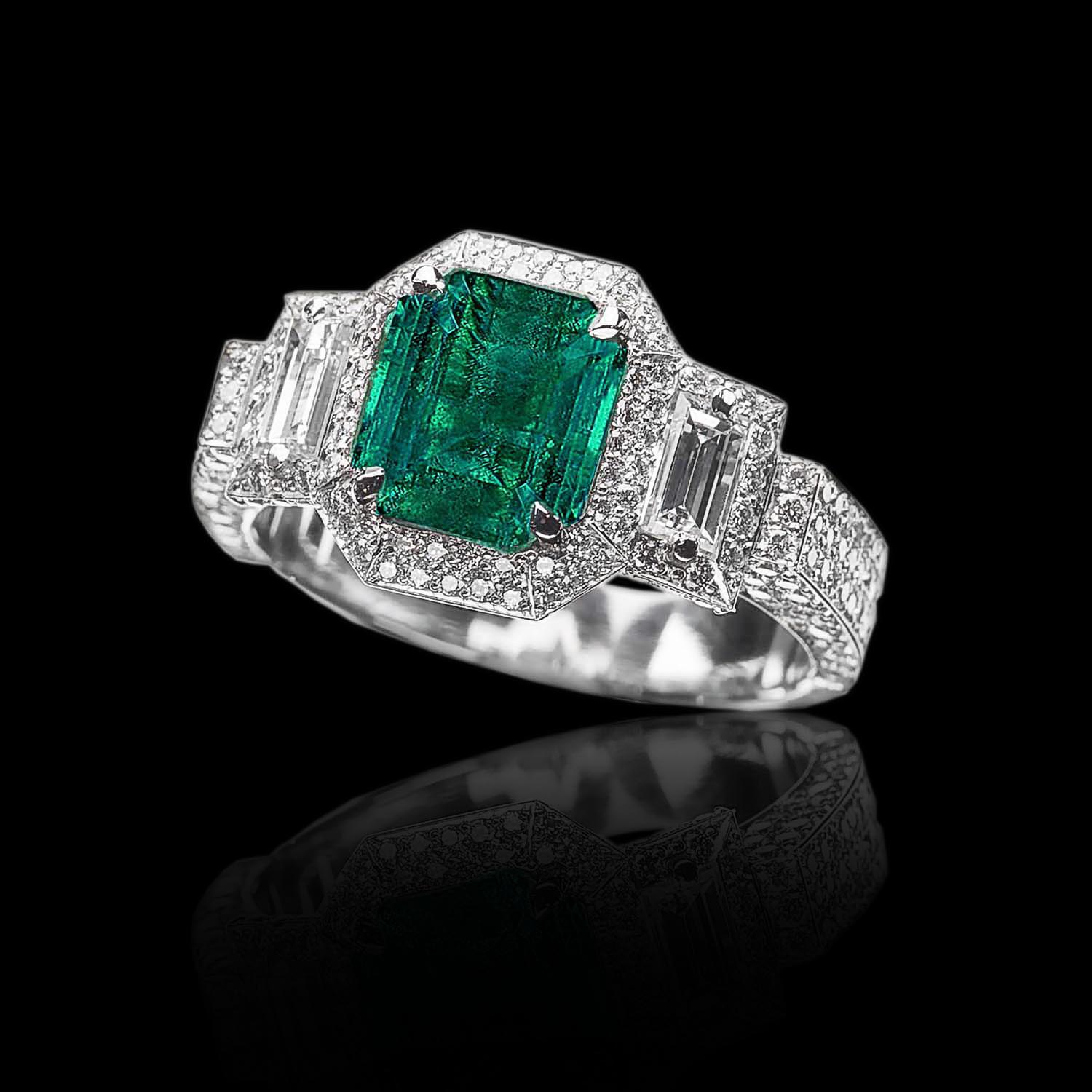The Moon Ocean Halo Rings in Platinum with Emerald Centre Stone Alternate shot 2