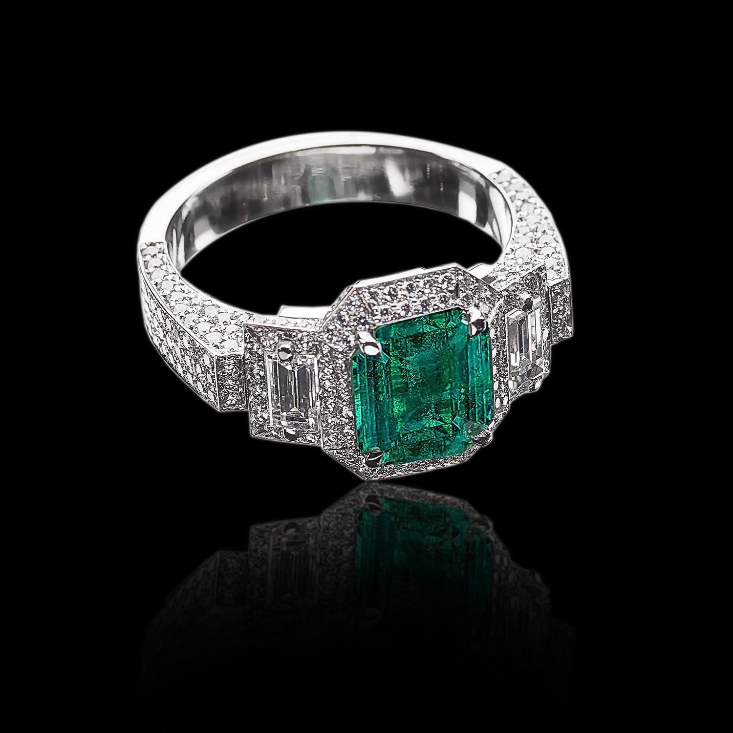 The Moon Ocean Halo Rings in Platinum with Emerald Centre Stone Alternate shot 4