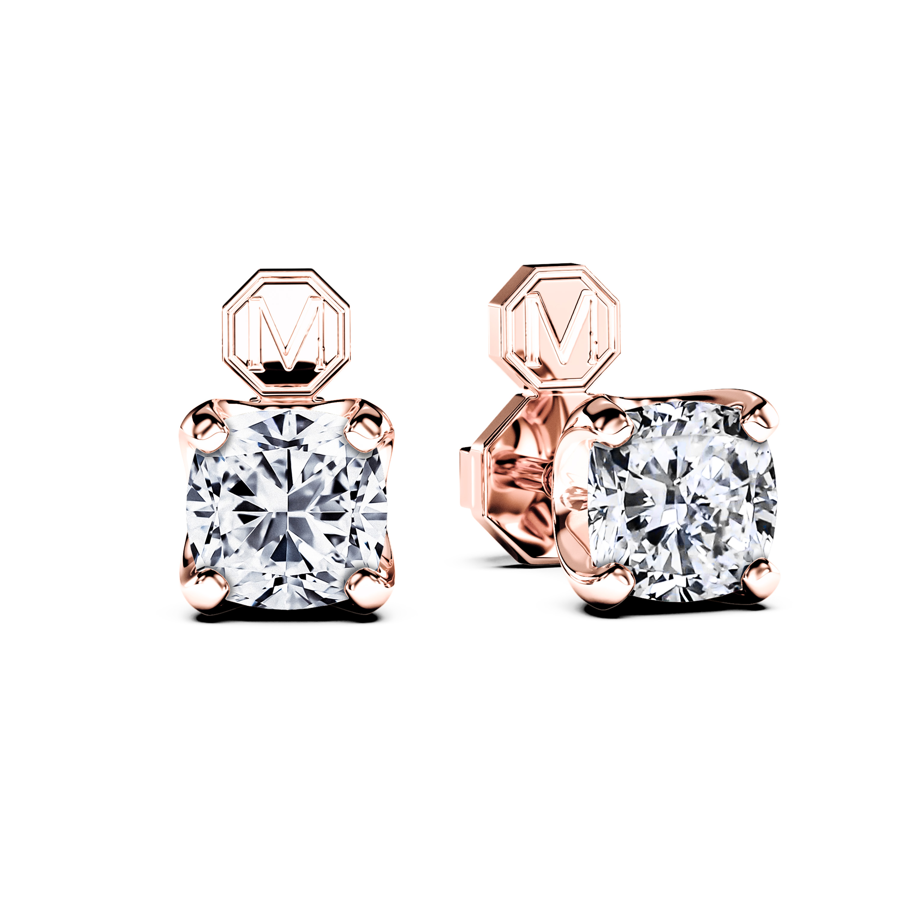 Stud, 18ct Rose Gold Diamond Earrings Cushion
