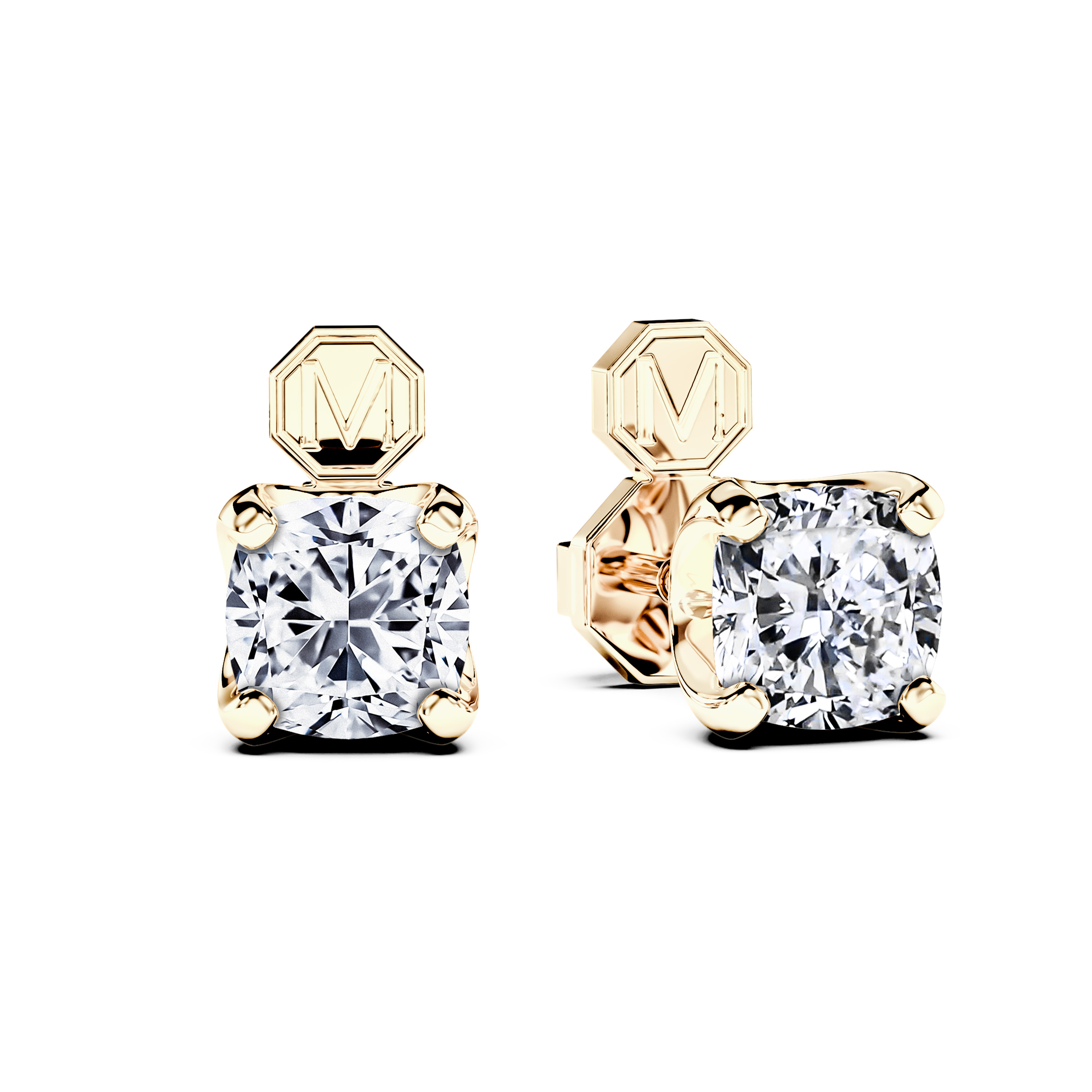 Stud, 18ct Yellow Gold Diamond Earrings Cushion
