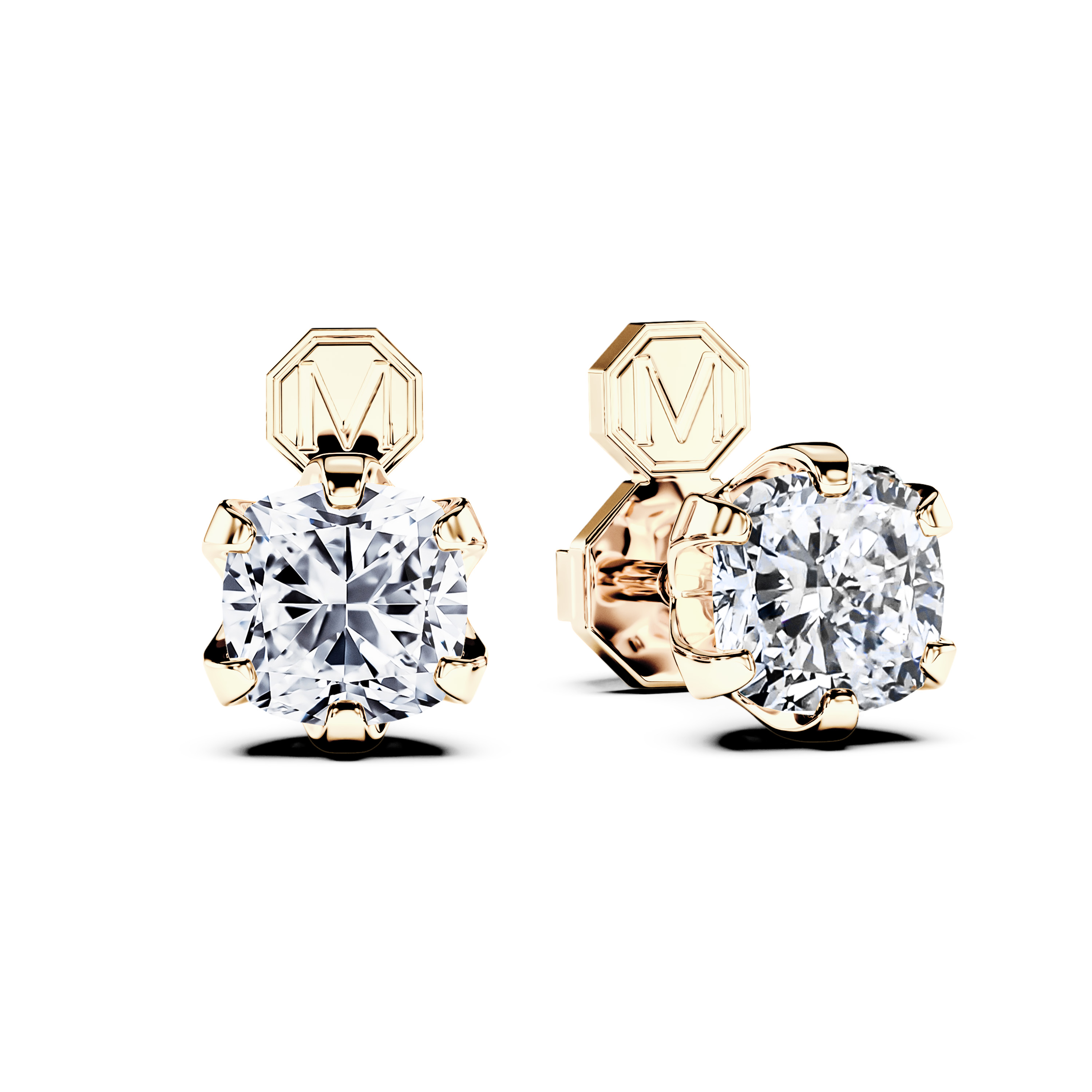 Stud, 18ct Yellow Gold Diamond Earrings Cushion