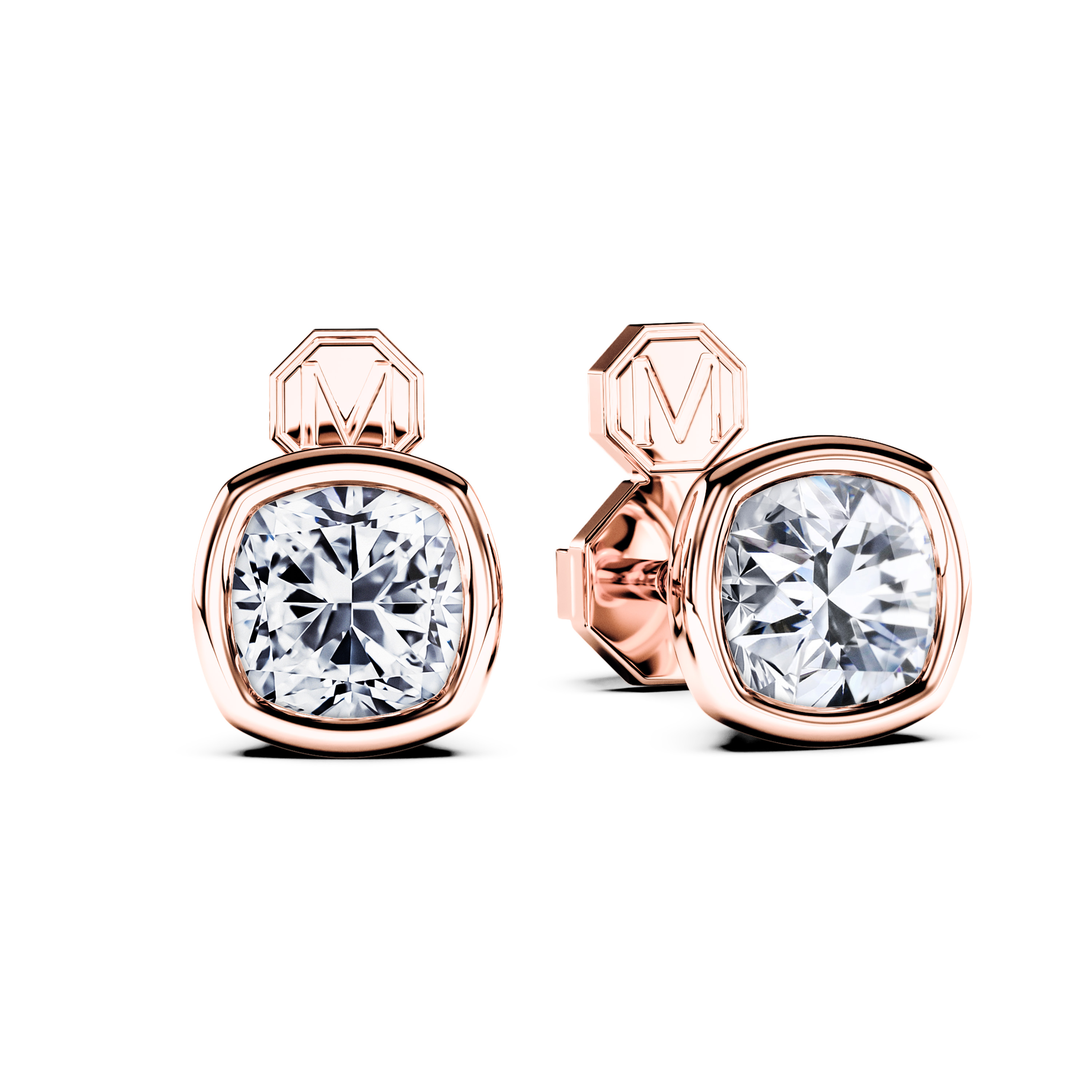 Stud, 18ct Rose Gold Diamond Earrings Cushion