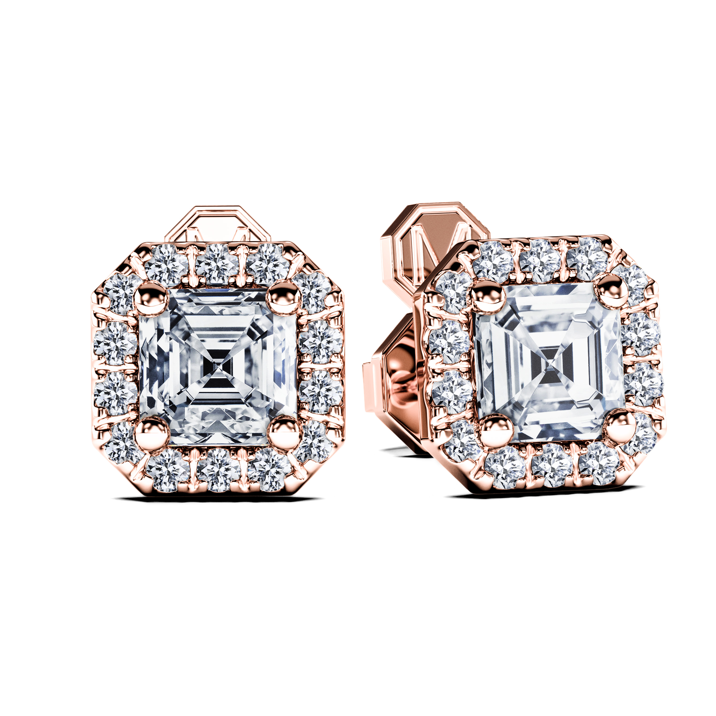 Stud, 18ct Rose Gold Diamond Earrings Halo Asscher