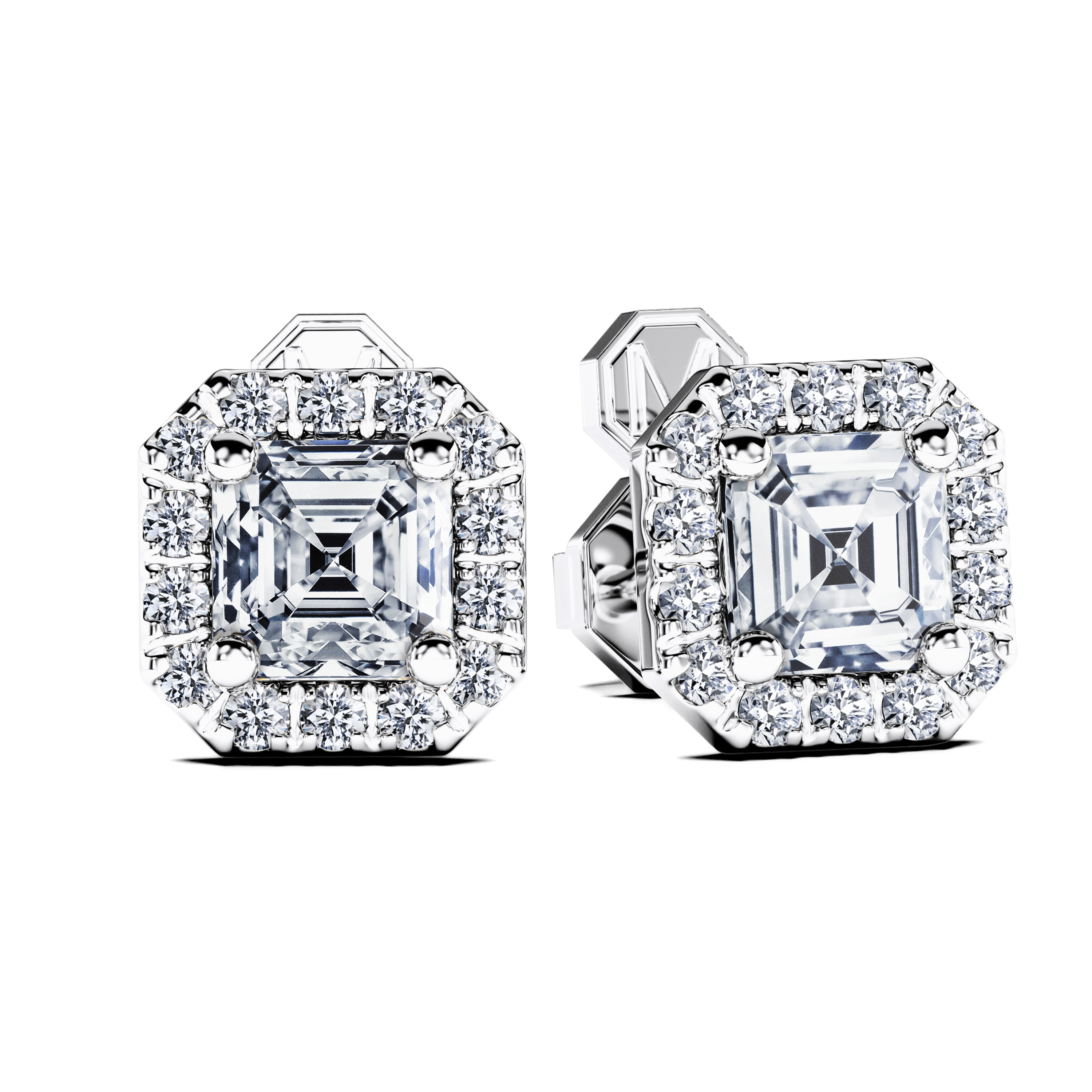 Stud, 18ct White Gold Diamond Earrings Halo Asscher