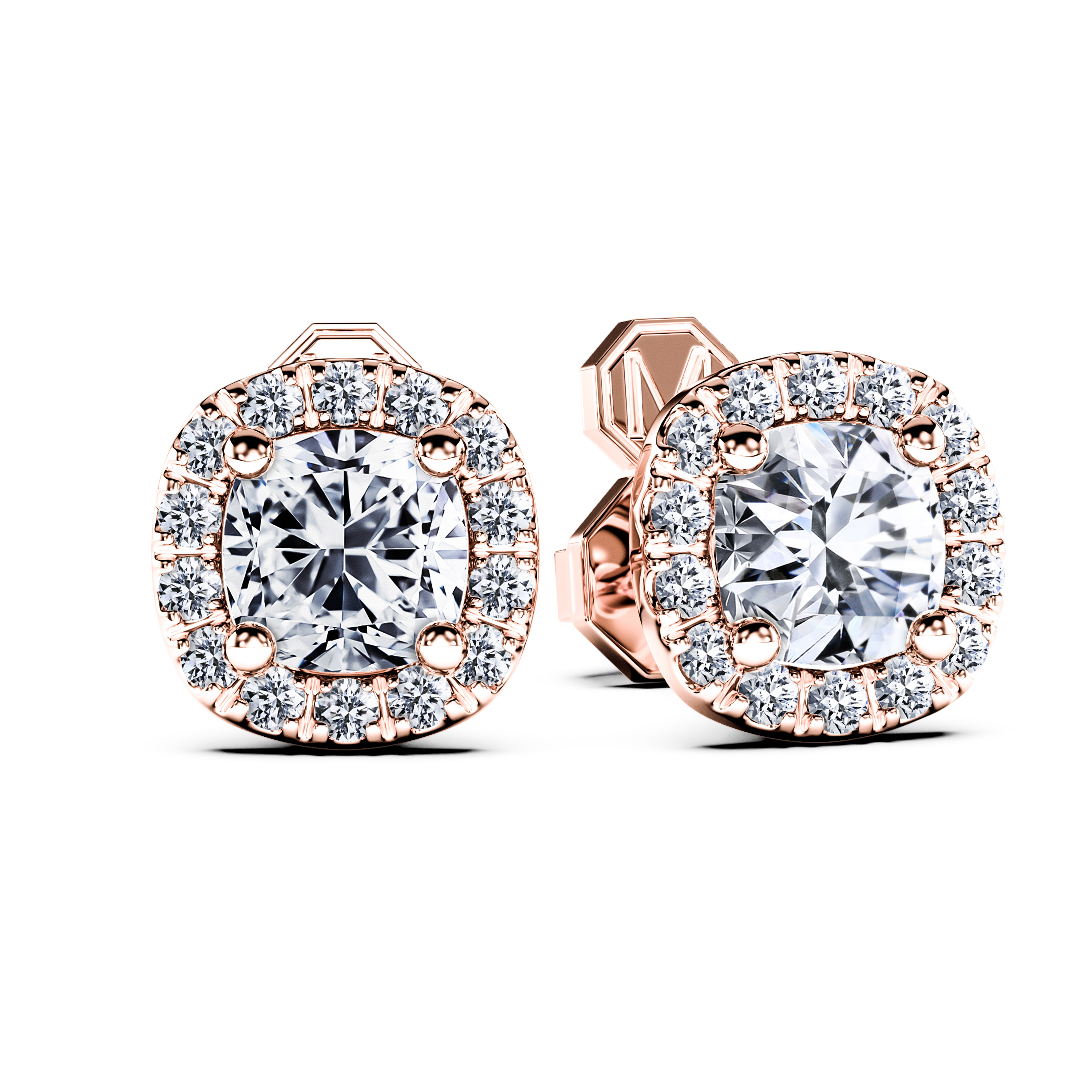 Stud, 18ct Rose Gold Diamond Earrings Halo Cushion
